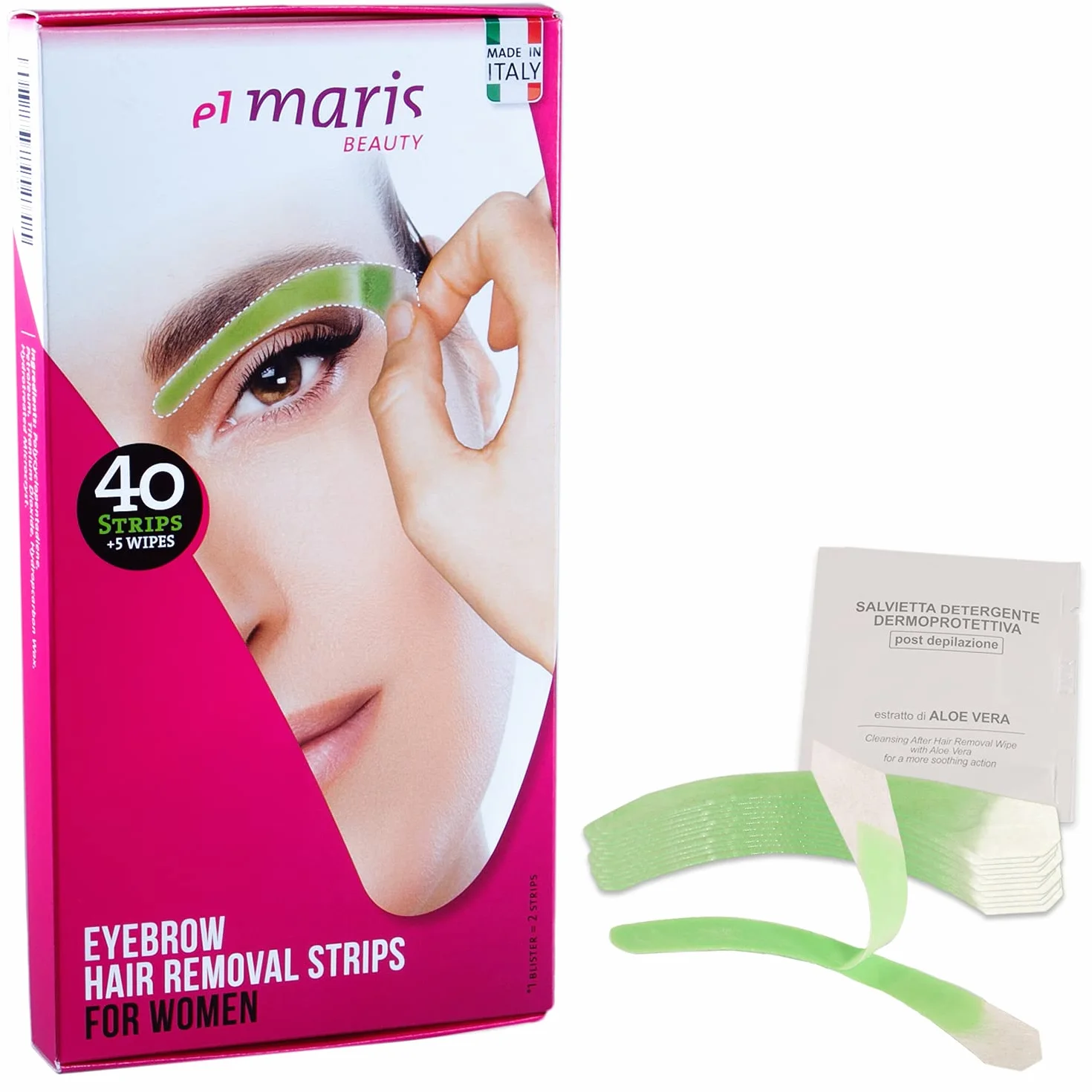 Elmaris Bandas de cera fría para la depilación de las cejas. Se adaptan a cualquier forma de ceja. Precisas y rápidas. Depilación indolora y duradera. Aplicación fácil (20 bandas = 40 aplicaciones)