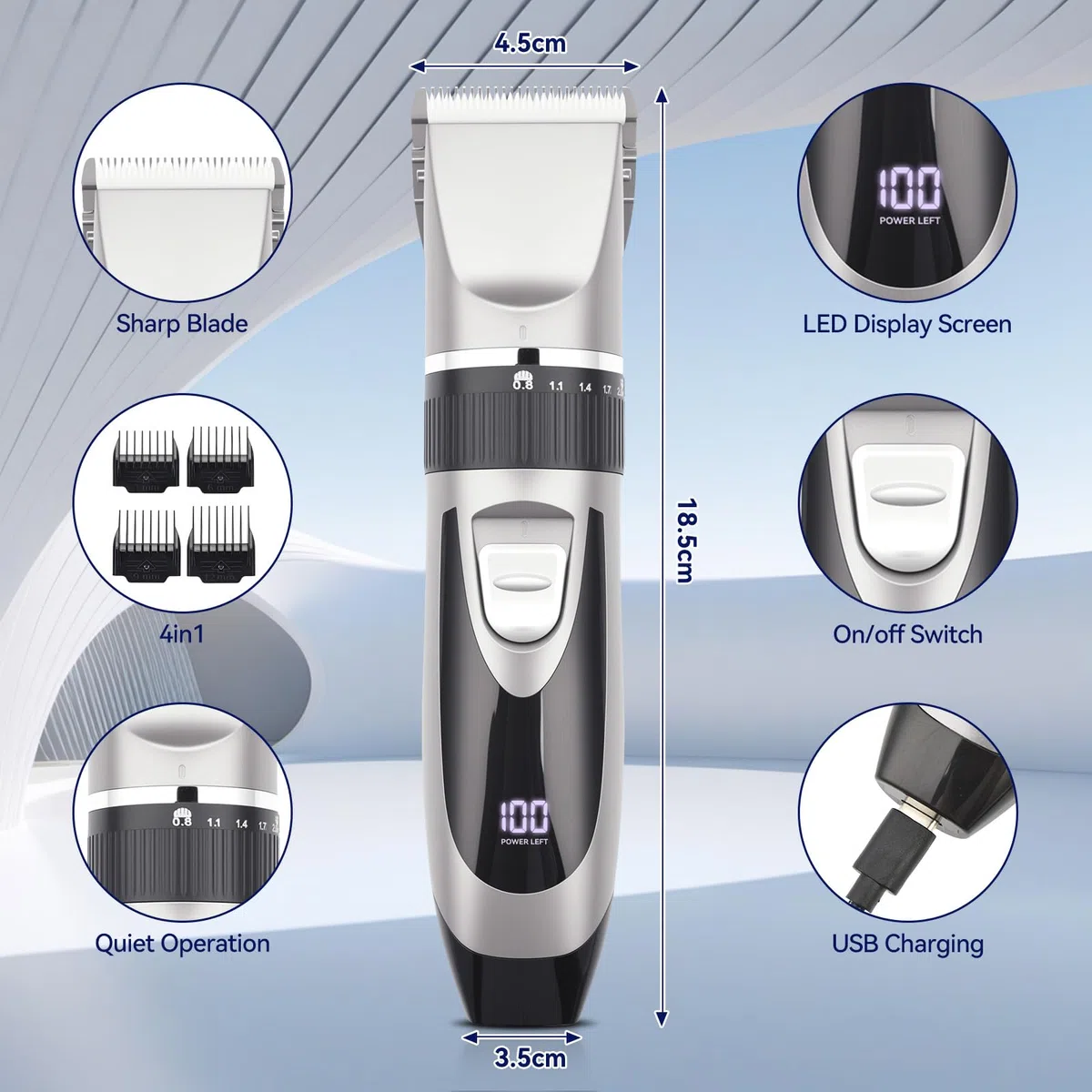 OTraki Maquina de Cortar Pelo Hombre, Maquina Afeitar Hombre, Hair Trimmer Inalámbrico con 4 Peines de Guía y Carga USB para Barbería y Uso en el Hogar, Negro
