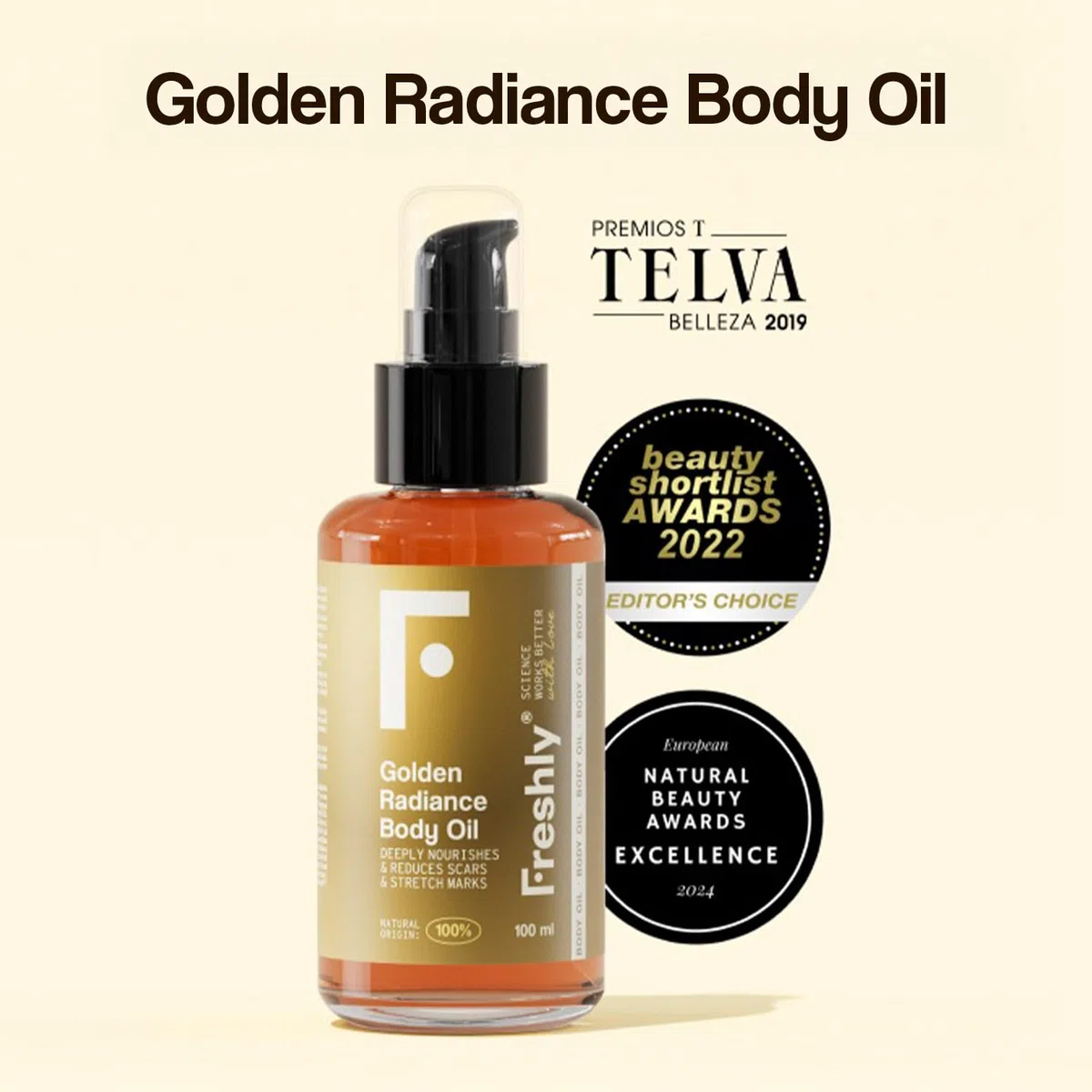 Freshly - Aceite Corporal Natural Golden Radiance Body Oil - Hidratante y Reafirmante - Con 12 Aceites Vegetales - Ideal para Estrías y Cicatrices - Apto Embarazo - 100 ml