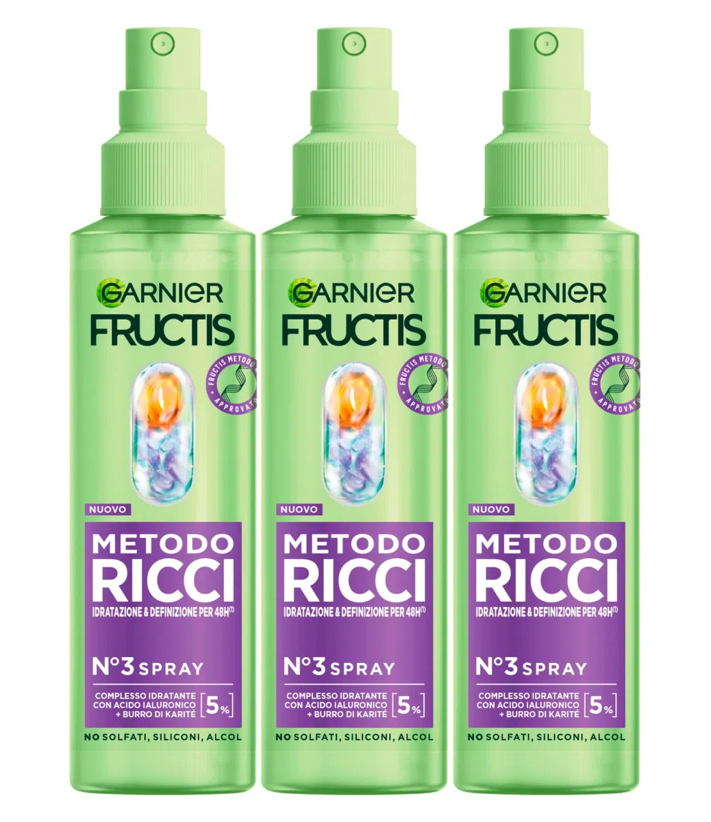 Garnier Fructis Método Rizos Sérum Spray Hidratante con Ácido Hialurónico y Manteca de Karité Define Nutre y Revitaliza el Rizo Fórmula Vegana Sin Siliconas - 3 Envases de 150ml