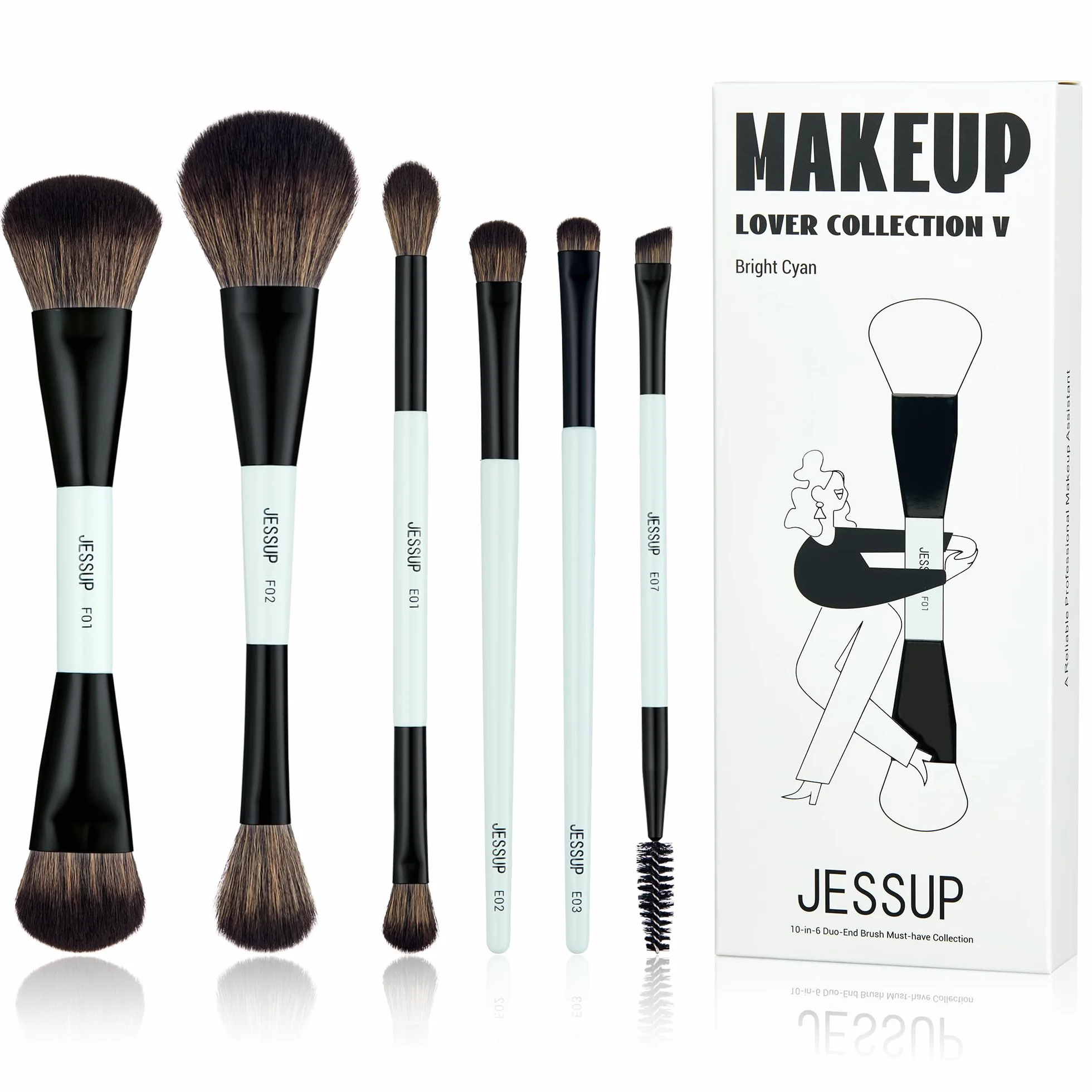 Jessup Set Brochas de Maquillaje 6pcs Brochas de Doble Punta para Rostro y Ojos Pincele Maquillaje Base,Sombra de Ojos,Contorno,Rubor,Iluminador, Difuminado,Cepillo de Cejas, Cian Brillante T501