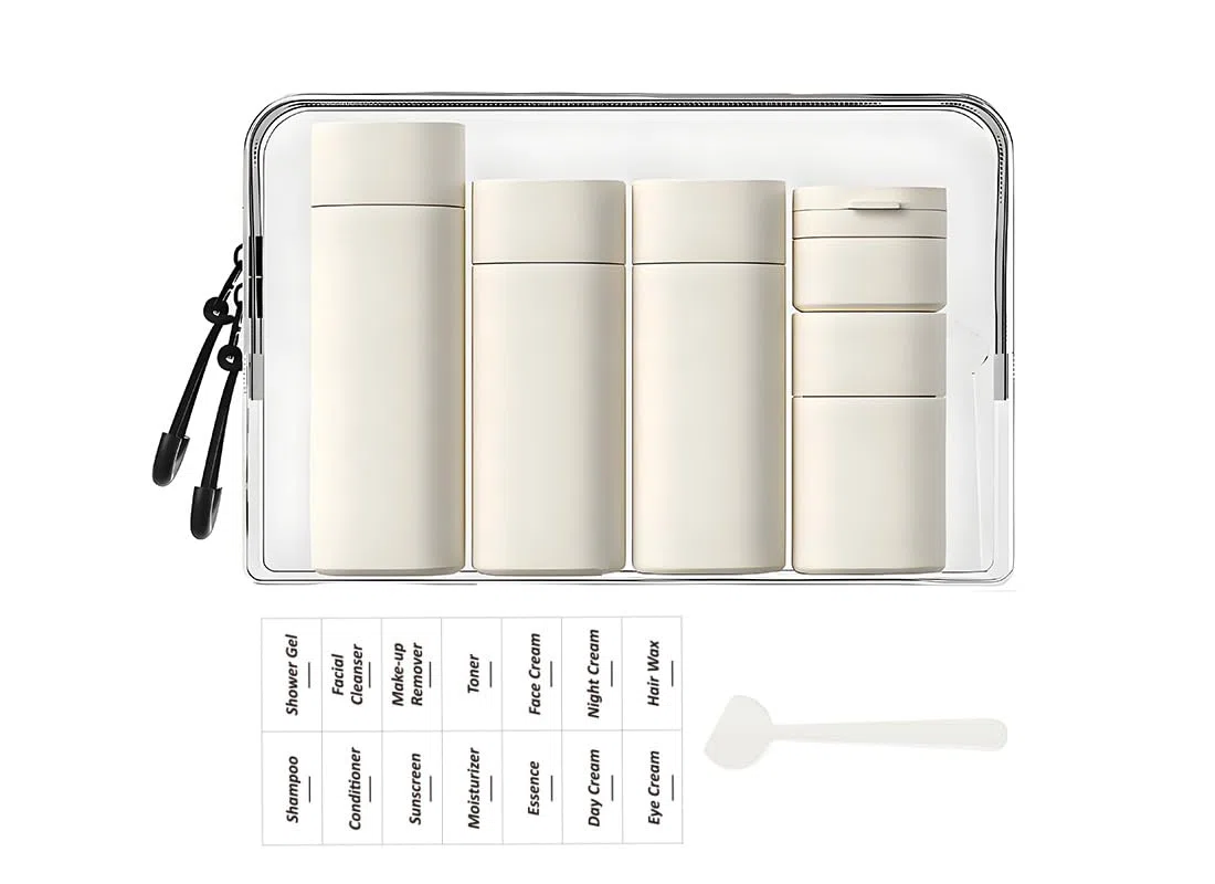 Paquete de 5 Botellas de Viaje Breves y Modernas aprobadas por la TSA, sin BPA, Botellas Recargables para cosméticos, champú, Crema, acondicionador... (Nordic Ancient Antique White)