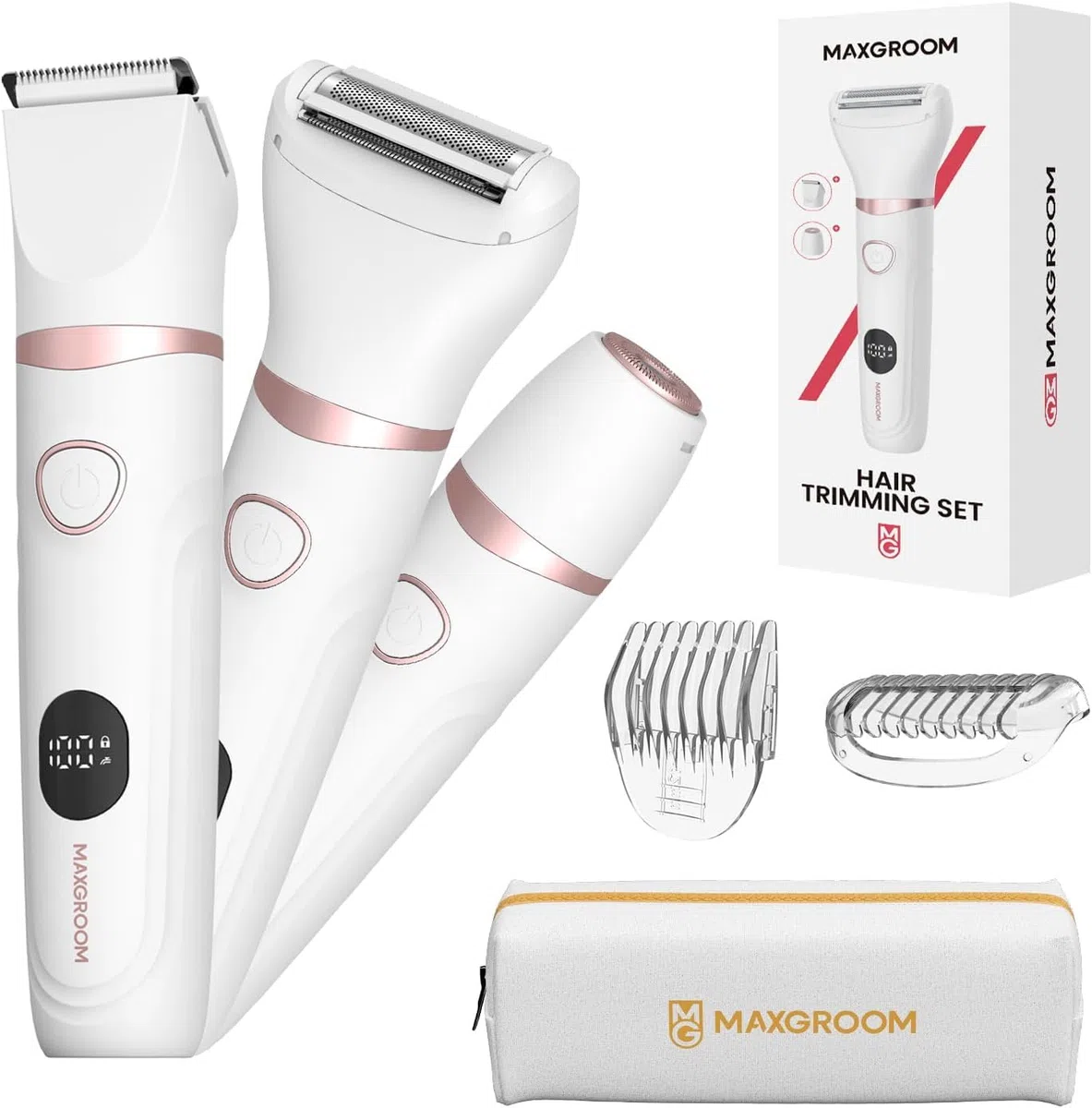 Afeitadora Eléctrica Mujer, MAXGROOM Set de Depiladora Electrica 3 en 1 para Mujer, IPX6 Utilizable en seco/mojado Recortadora Corporal Mujer, Apto para Facial, Cuerpo y Las Zonas íntimas