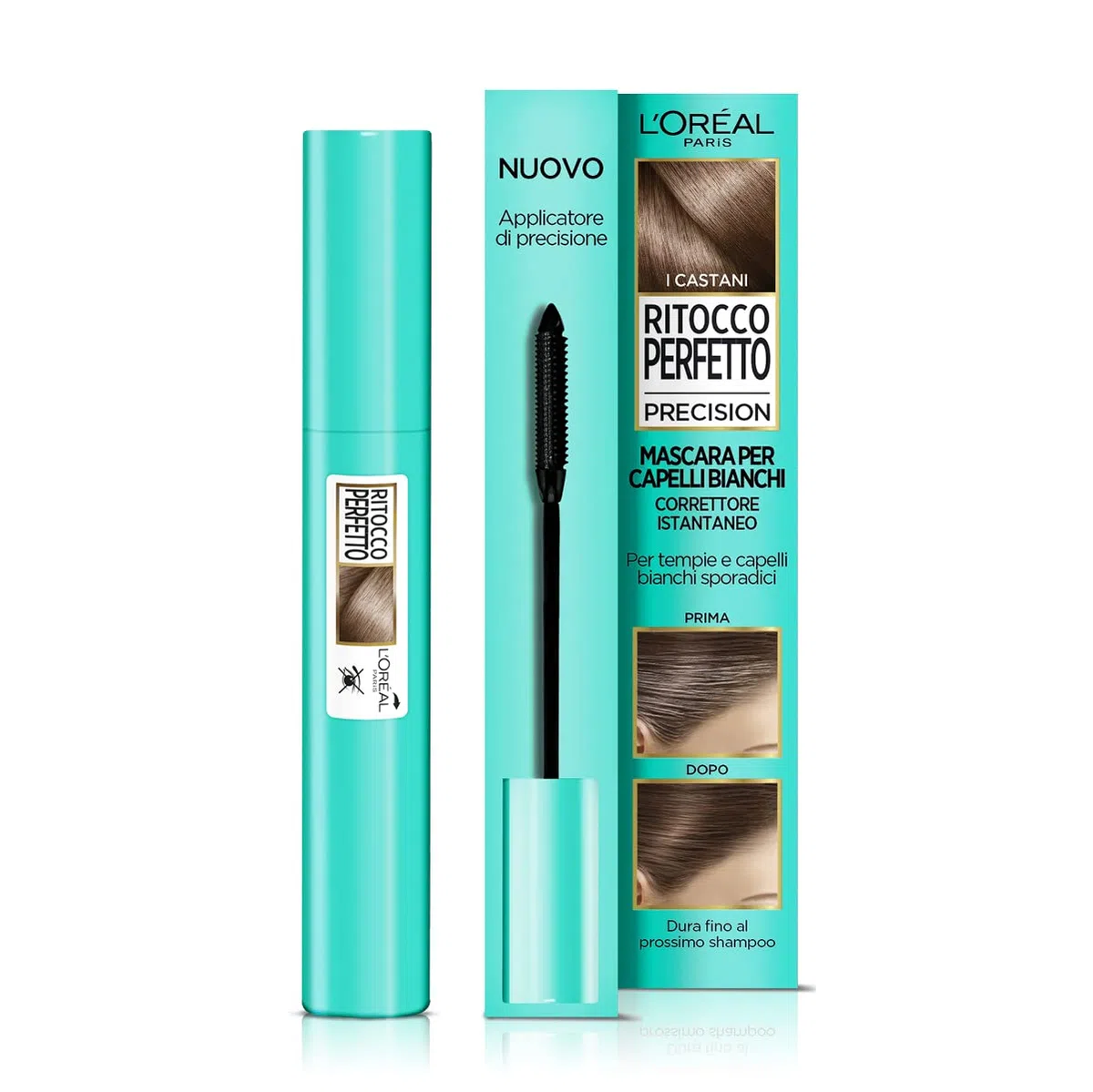L'Oréal Paris Rímel instantáneo de retoque perfecto con precisión, ideal para cabellos blancos y templos, no mancha, 3 castaño