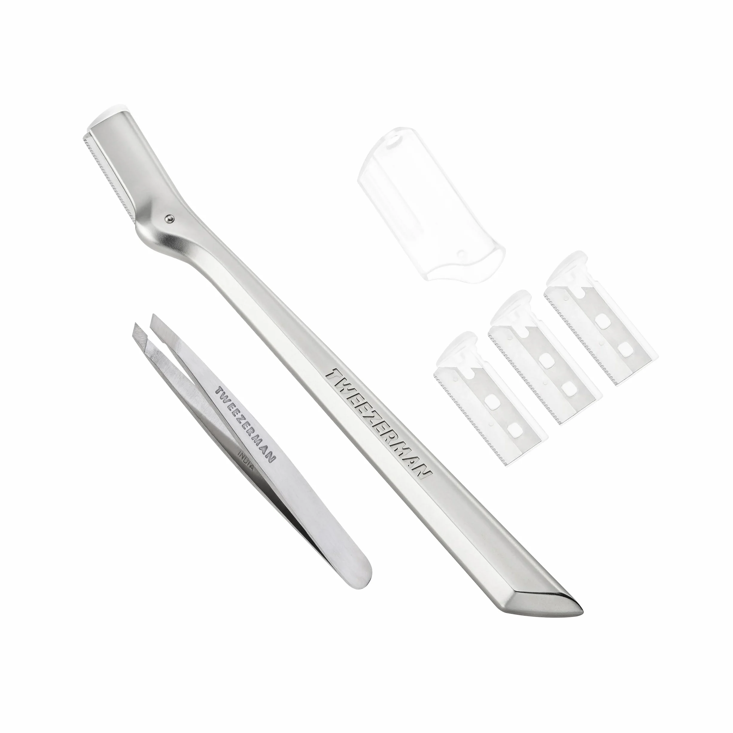 TWEEZERMAN Set de afeitadora de cejas con mini pinza inclinada (Mini Slant Tweezer & Brow Razor Set), plateado