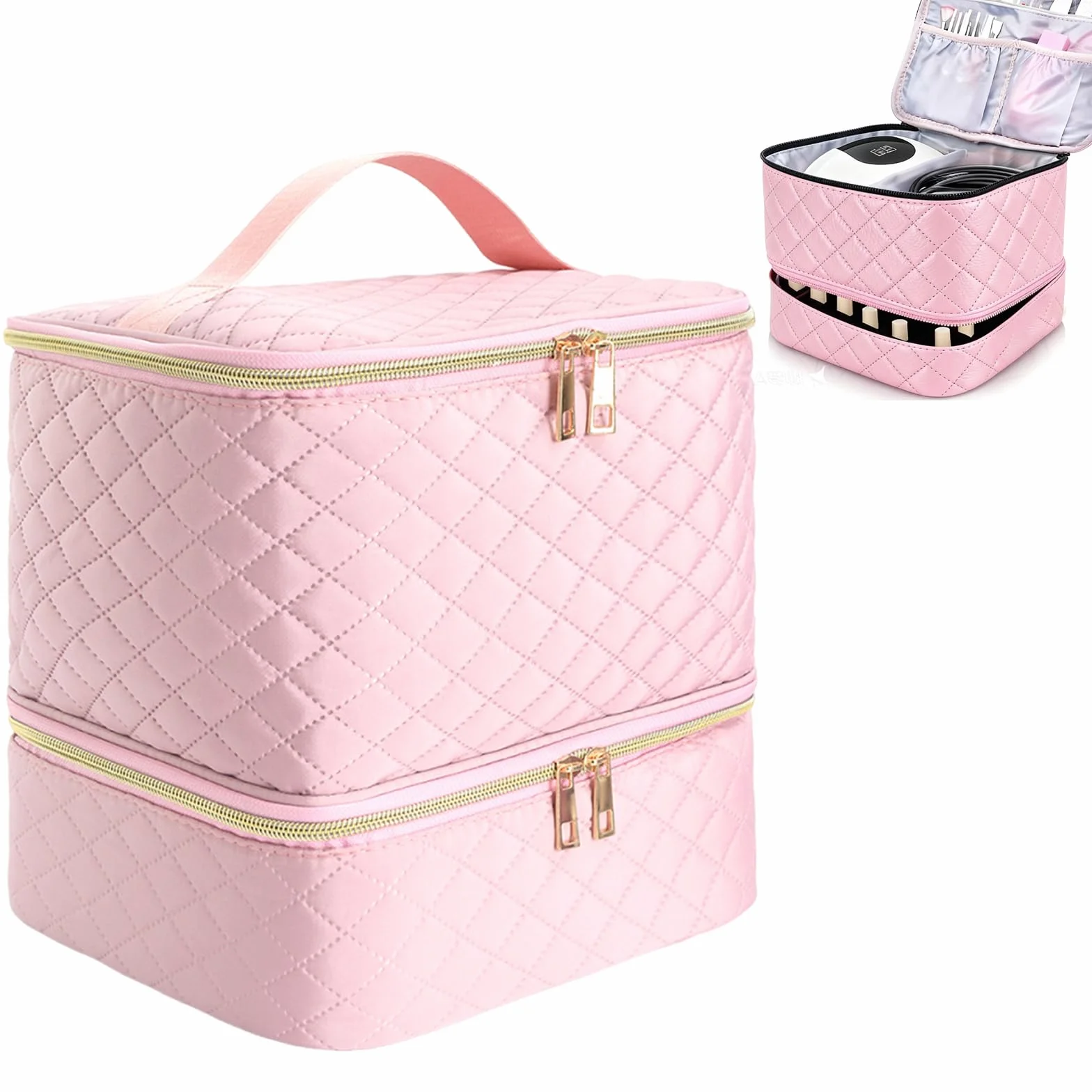 Maletin Manicura Organizador Esmaltes Uñas de Doble Capa, Portátil Maletin Uñas Organizador Pintauñas para 30 Frascos, Lámpara de Uñas y Aceesorios(Rosa)