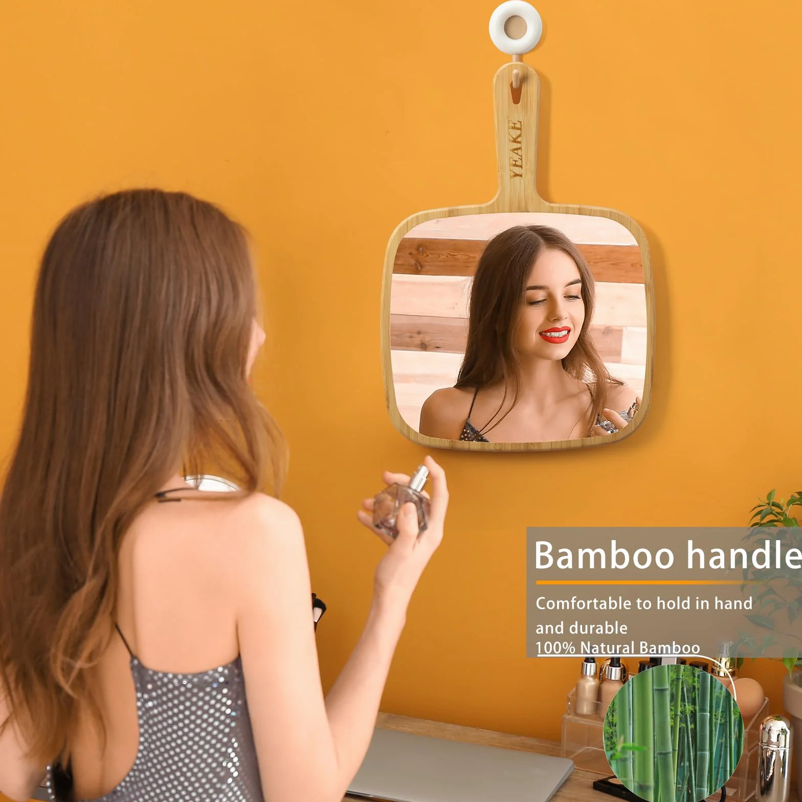 YEAKE Espejo de mano extragrande de bambú natural con asa, espejo de viaje portátil de una cara para hombres y mujeres, 22,5 cm de ancho x 31,5 cm de largo