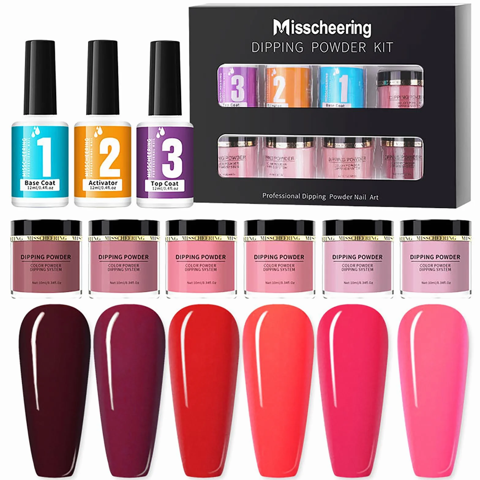 Kit de Polvo de Inmersión de Uñas, RoseFlower Juego de Iniciación en polvo para uñas 6 Colores Nude, polvo de Inmersión Rojo Purpura, Kit Manicura Francesa con Capa Base, Capa Top