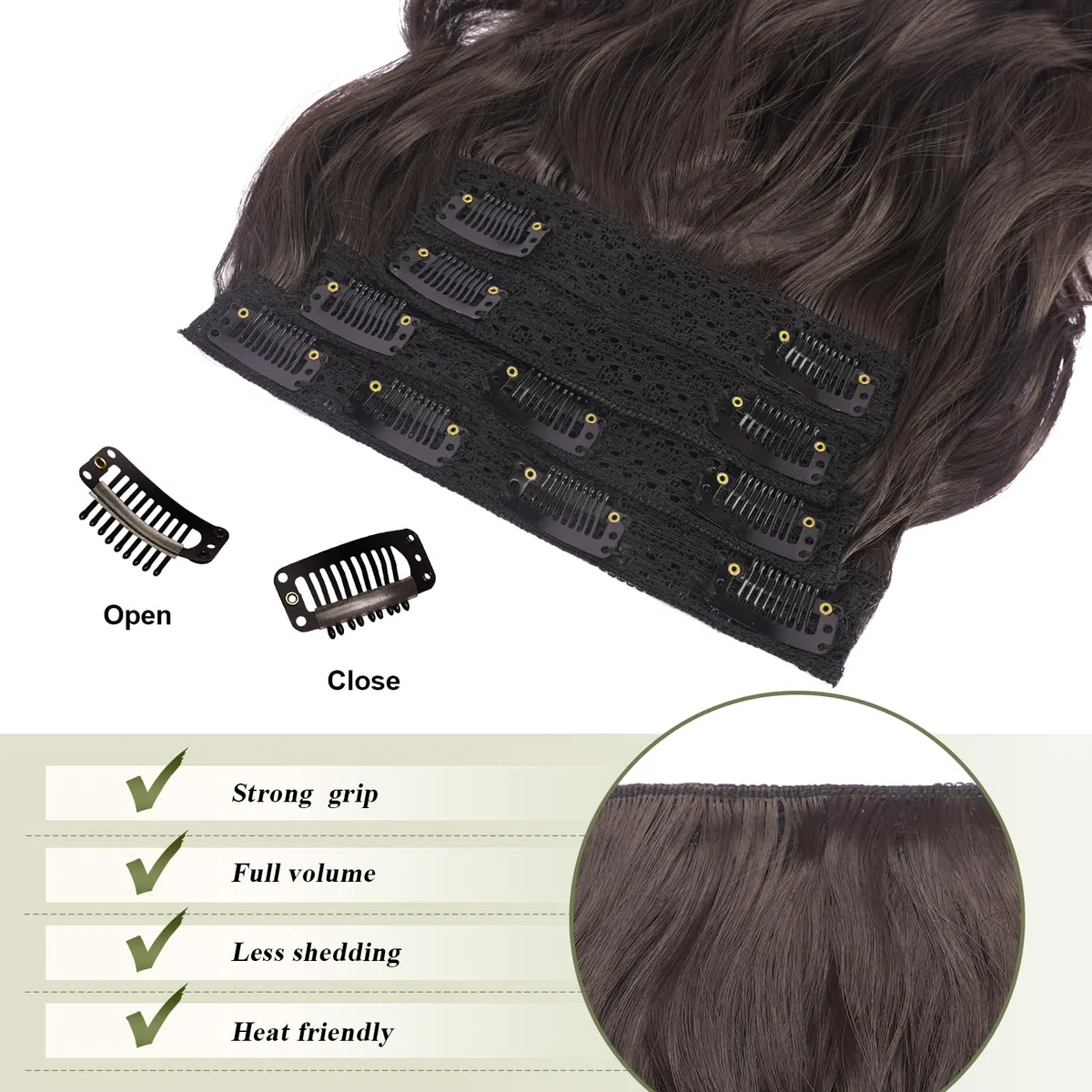 FESHFEN Extensiones de Pelo con Clip Sintéticas Ondulado Natural 40 cm | 4 PCs Postizos Extension Resistentes al Calor para Mujer para Uso Diario Fiestas Eventos, Marrón Negro