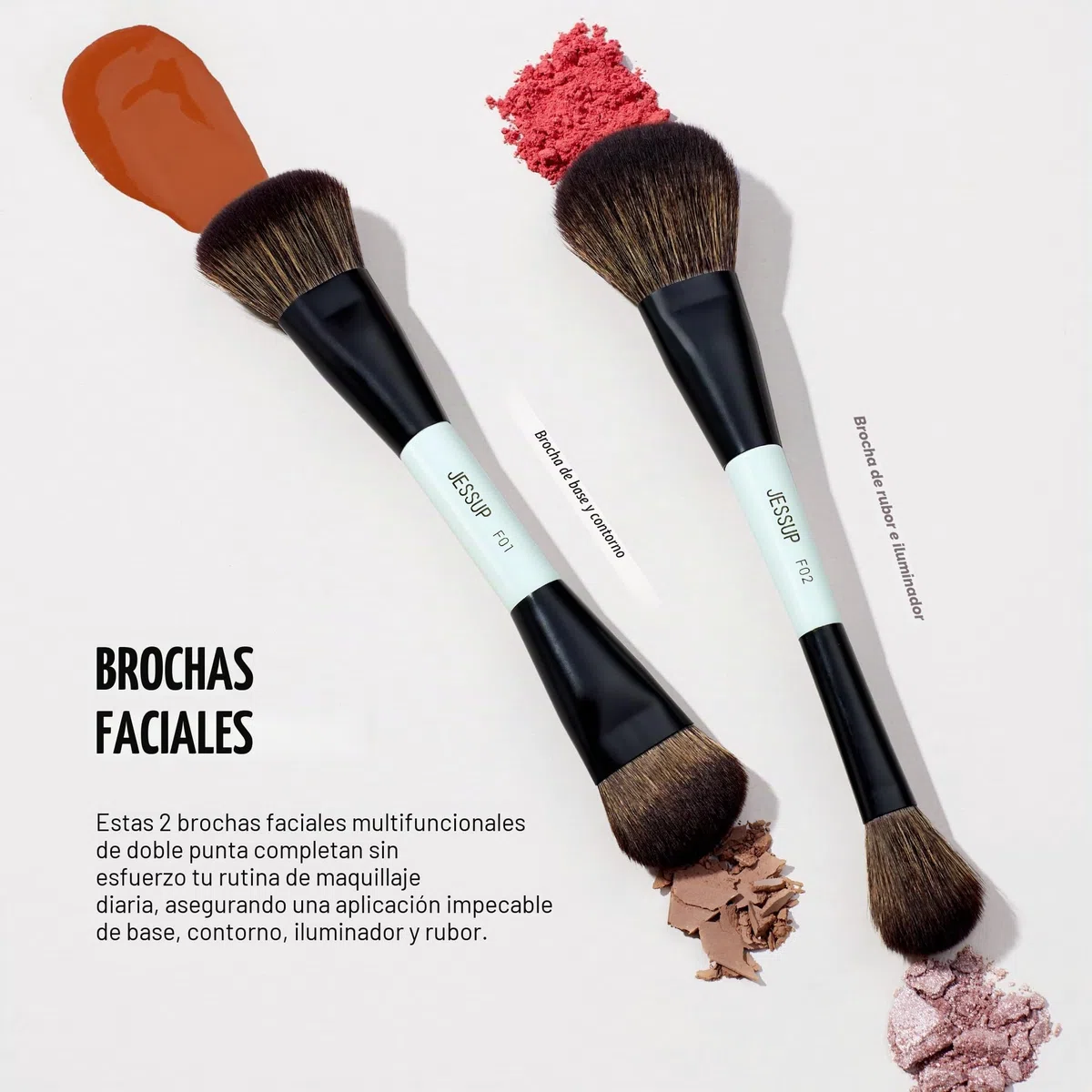 Jessup Set Brochas de Maquillaje 6pcs Brochas de Doble Punta para Rostro y Ojos Pincele Maquillaje Base,Sombra de Ojos,Contorno,Rubor,Iluminador, Difuminado,Cepillo de Cejas, Cian Brillante T501