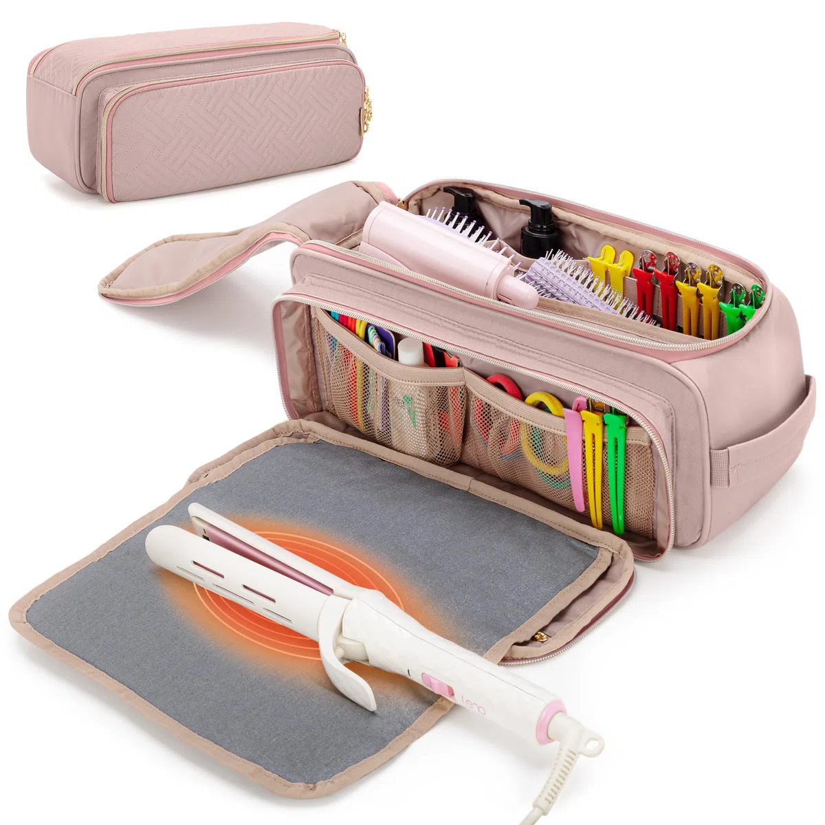 YARWO Bolsa Viaje para Herramientas para el Cabello con Estera Resistente al Calor, Bolsas Organizadoras para Herramientas de Peluquería Compatible con Planchas para el Pelo, Styler y Accesorios, Rosa