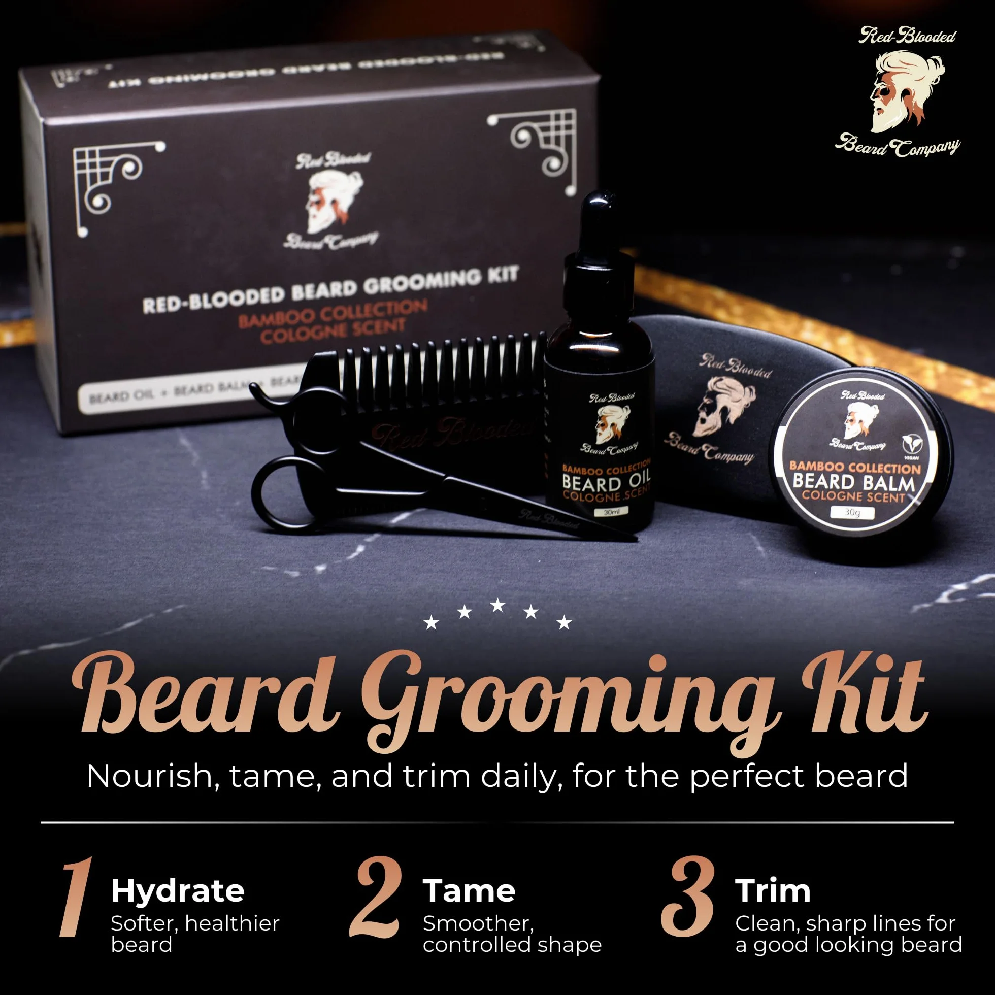 Red-Blooded kit barba hombre con aceite para barba, bálsamo para barba, cepillo para barba, peine para barba y tijeras para barba. Colonia perfumada hecha con aceite de jojoba y aceite de macadamia