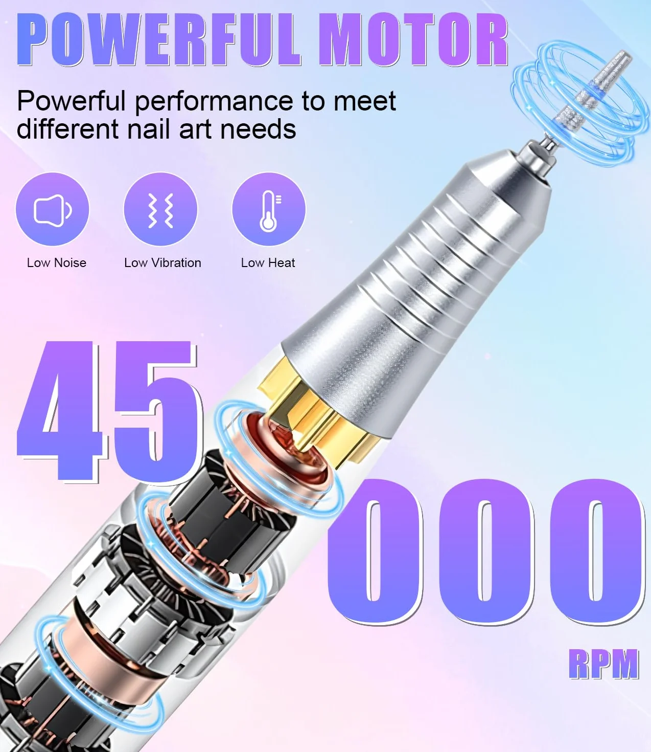 Torno para Uñas Profesional, 45,000RPM Lima Electrica Uñas, Velocidad Ajustable,Set de Accesorios para Manicura y Pedicura con Brocas de Cerámica,para Uso Doméstico Salones de Uñas