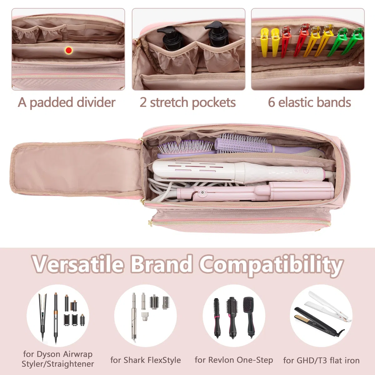YARWO Bolsa Viaje para Herramientas para el Cabello con Estera Resistente al Calor, Bolsas Organizadoras para Herramientas de Peluquería Compatible con Planchas para el Pelo, Styler y Accesorios, Rosa