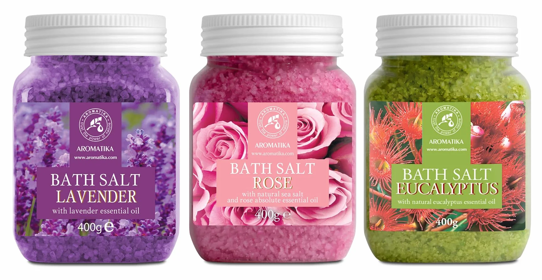 Sales de Baño Set 3x400g con Aceite 100% Natural Lavender - Rosas - Eucalipto - Mejor para Buen Sueño - Alivio del Estrés - Baño - Cuidado Corporal - Bienestar - Belleza - Relajación - Spa
