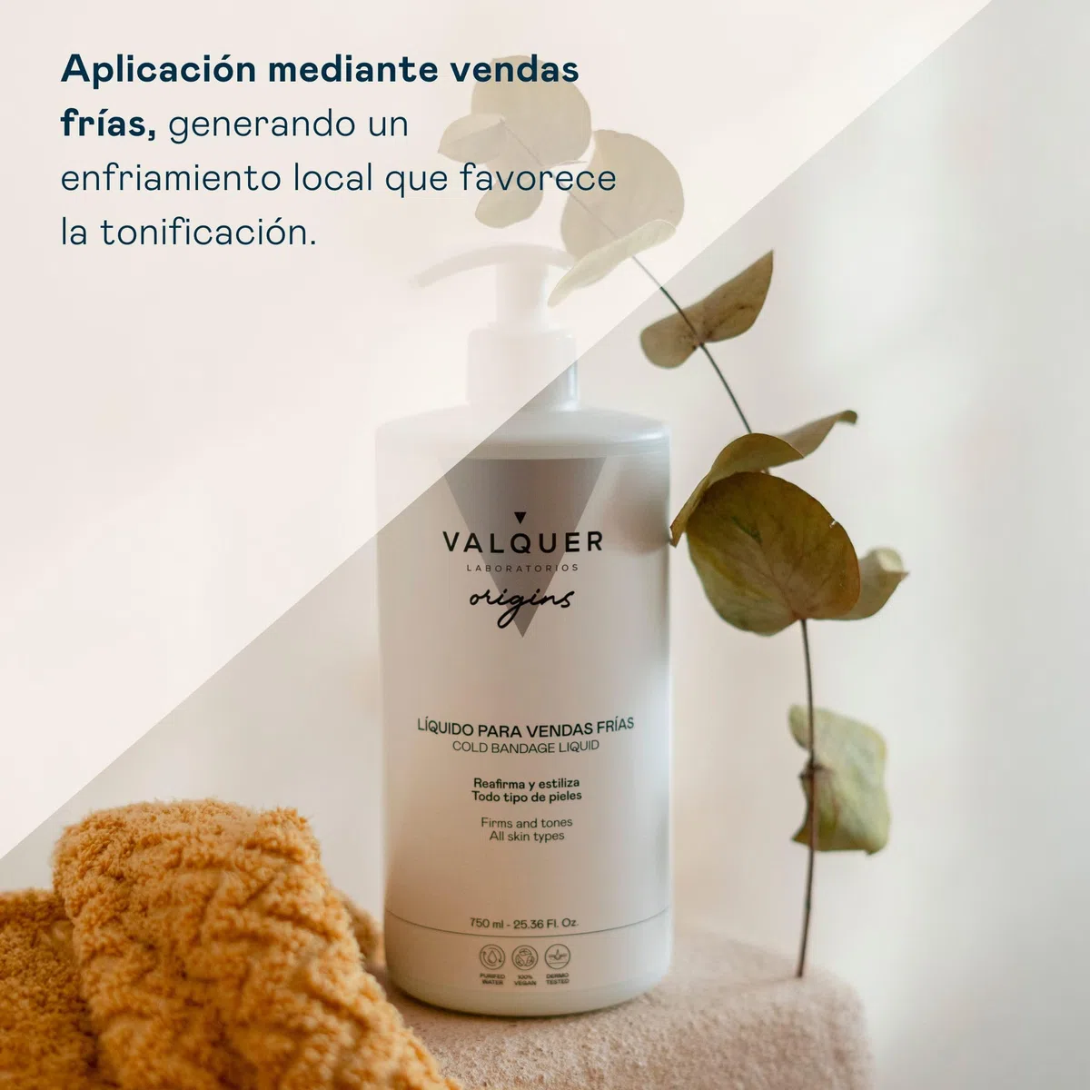 VALQUER ORIGINS Líquido de Vendas Frías para Alivio de Piernas Hinchadas o Cansadas | Piernas Ligeras | Mejora la Circulación Sanguínea con Extractos Naturales y Algas | 750 ml
