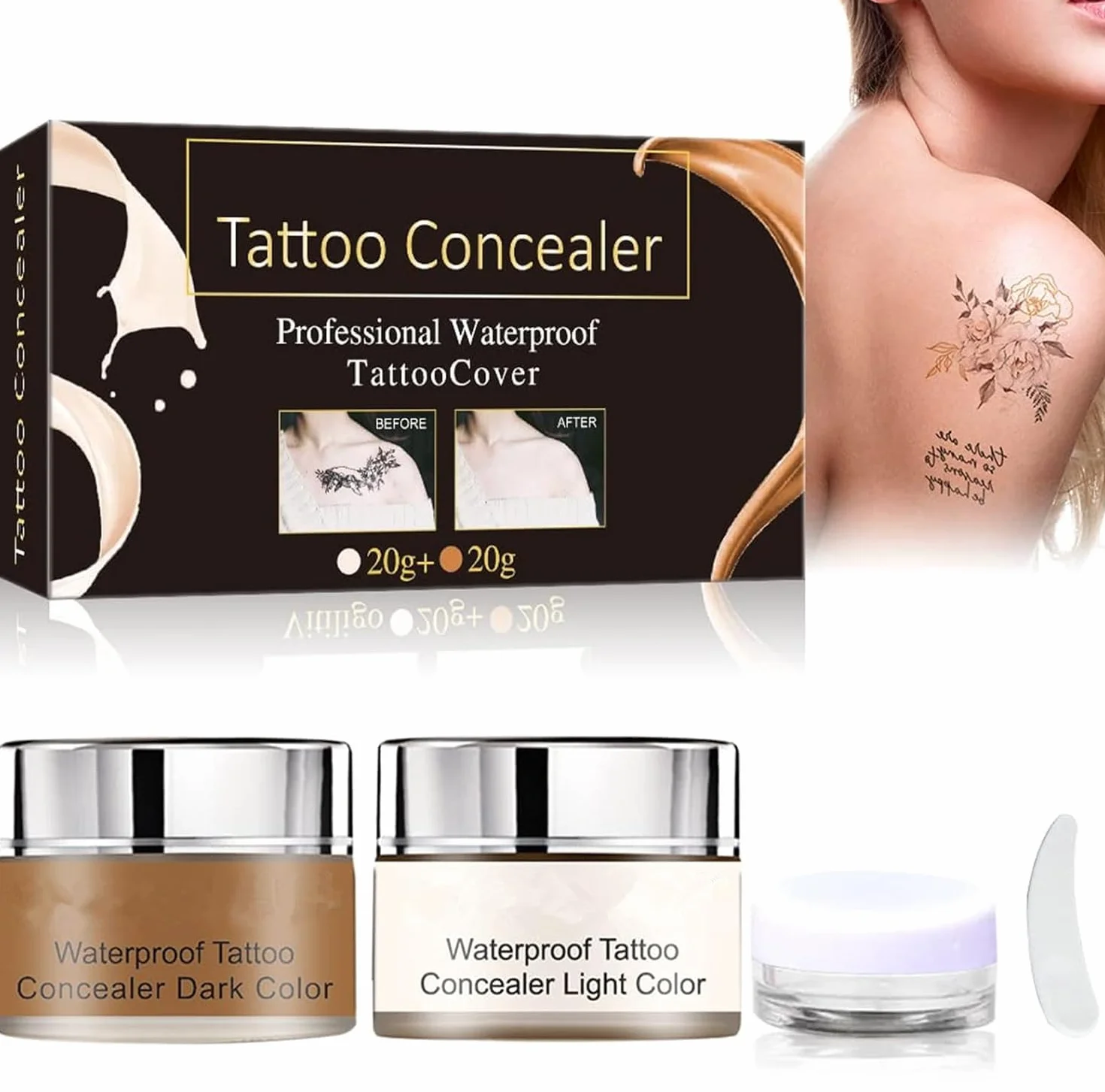 Tatuaje Corrector,Corrector de Tatuaje,Tattoo Concealer,Tattoo Concealer,20g+20g (Oscuro+Claro)