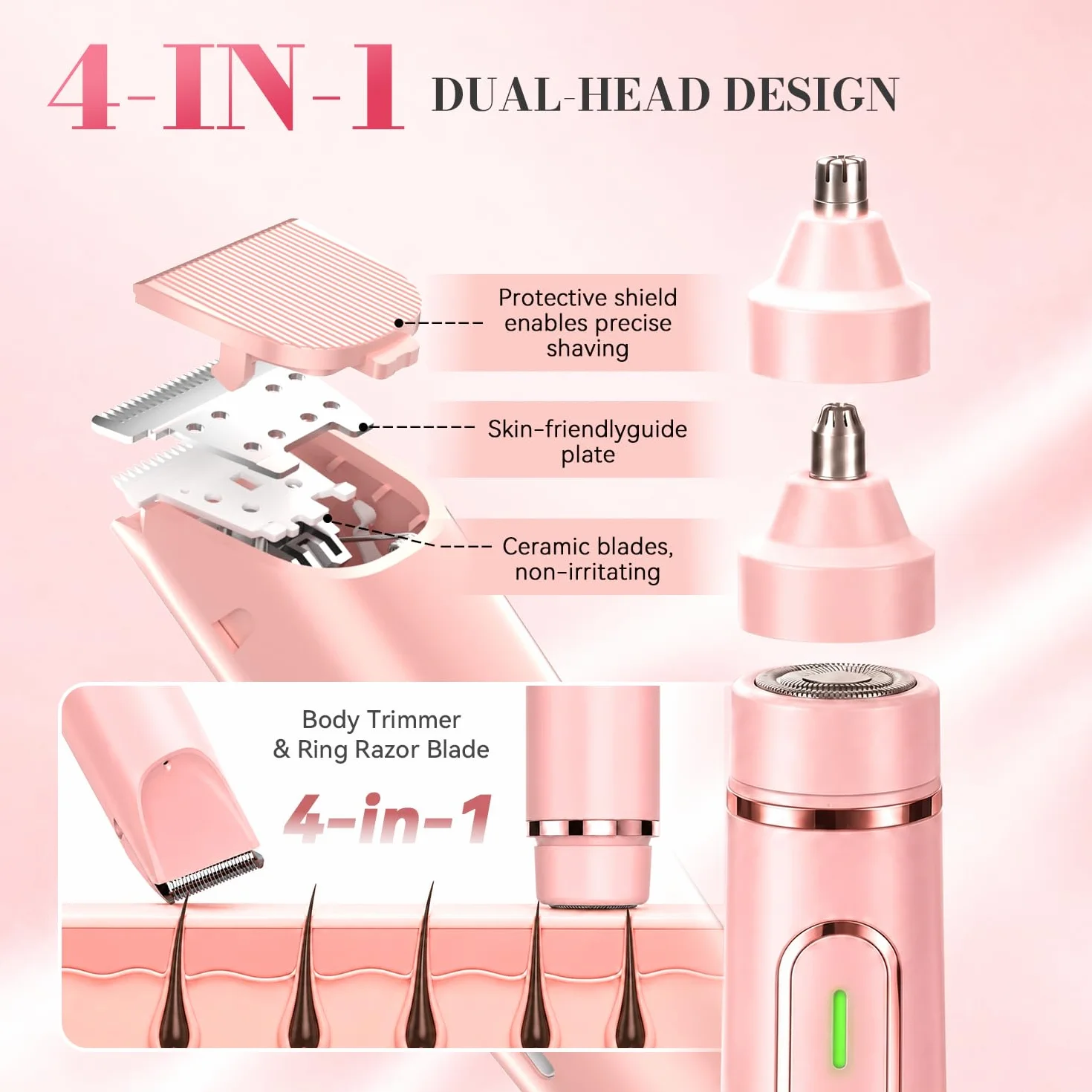 JTF Depiladora Eléctrica para Mujer 4 en 1, Afeitadora de Doble Cabeza IPX7 Impermeable para Bikini, Axilas, Facial, Nariz y Cejas – Afeitadora Mujer Zona Intima Uso Húmedo y Seco (Rosa)
