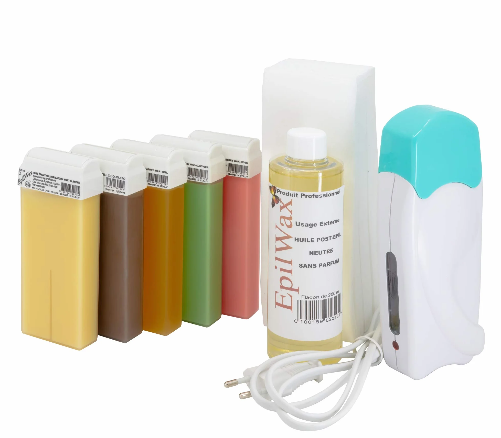 EpilWax - Kit completo de depilación con cera desechable, con 5 fragancias diferentes, rollo de cera desechable, juego con rodillo grande y aceite post-encerado, para piernas, axilas y cuerpo