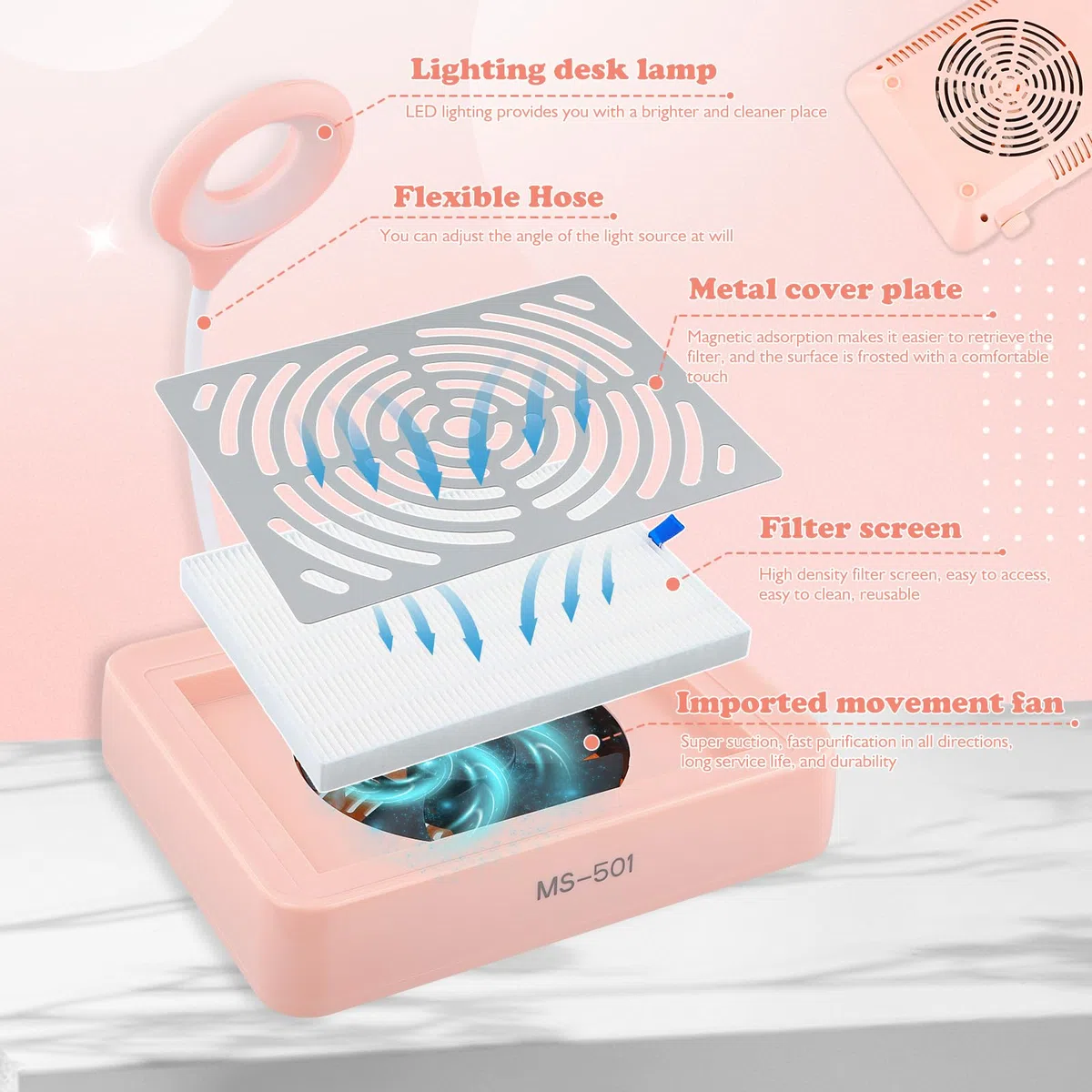 Aspirador Profesional de Uñas con Luz USB, Potente y Silencioso, Colector de Polvo para Manicura y Pedicura, Uso en Casa o Salón de Belleza, Rosa