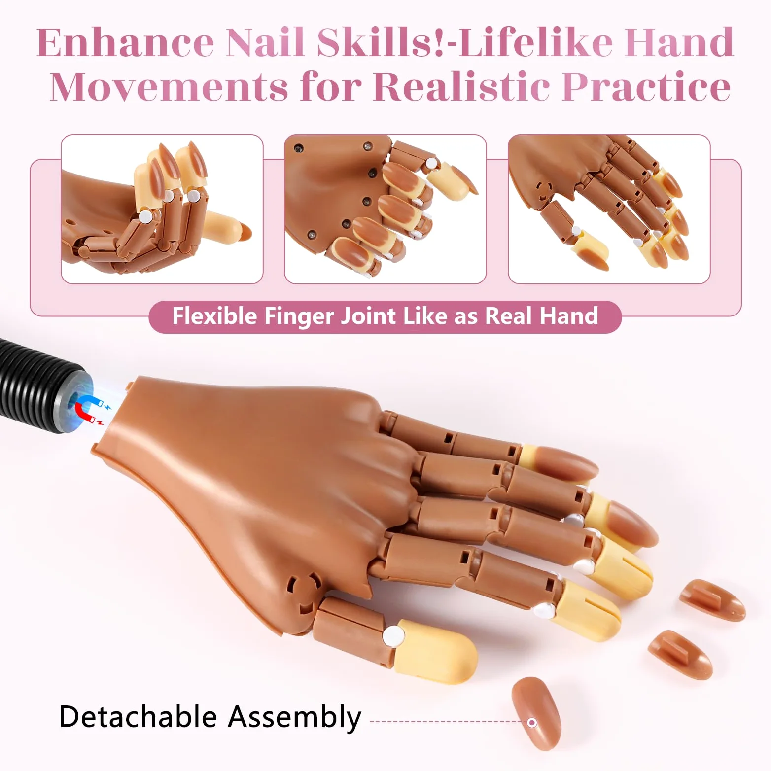 Mano de práctica magnética para uñas acrílicas: mano flexible para practicar uñas para principiantes, mano realista de entrenamiento de uñas para salones de belleza y hogar, mano falsa flexible