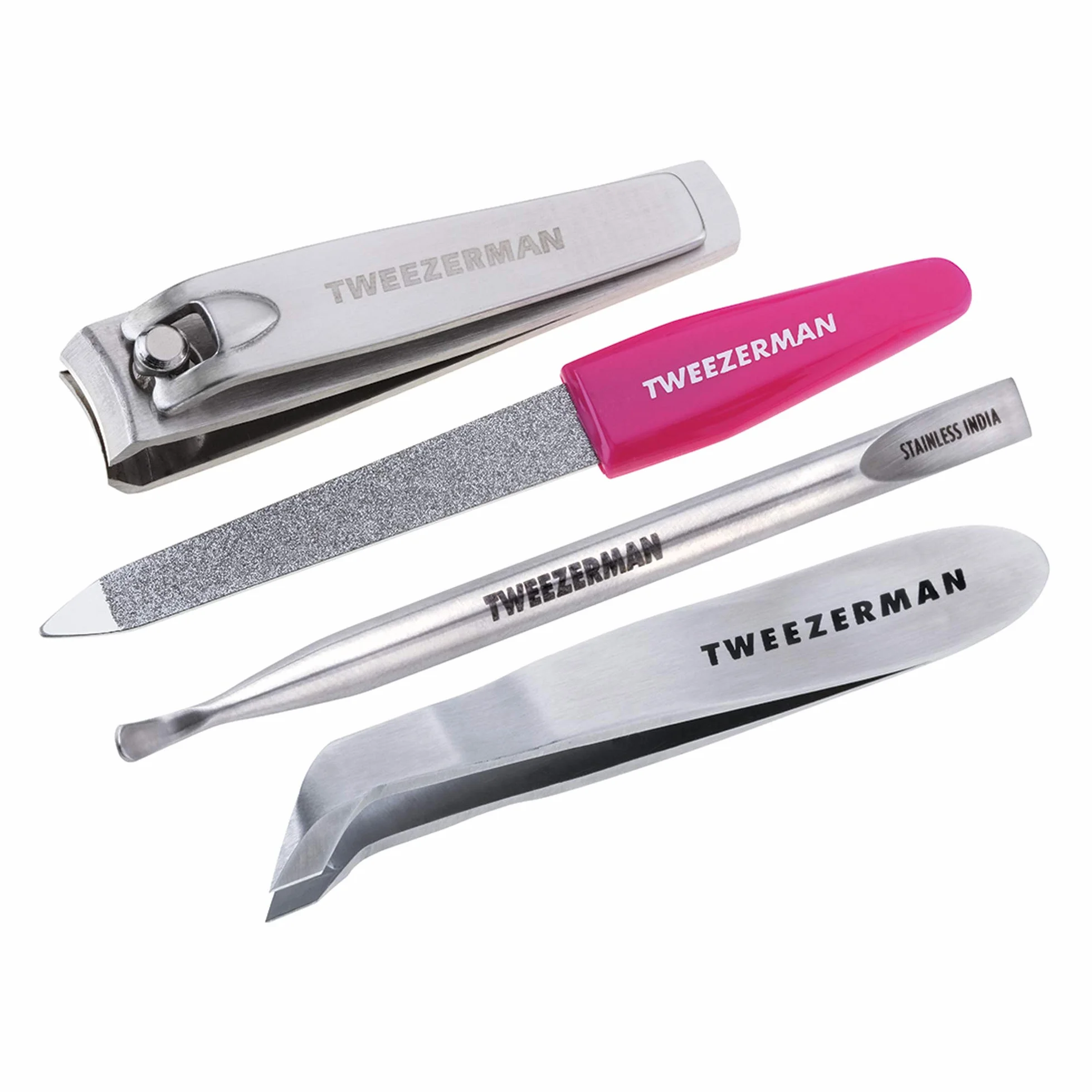 TWEEZERMAN Manicura y pedicura (4 piezas, mini set de emergencia, set de viaje para cualquier bolso, con cortaúñas, lima de uñas), rosa