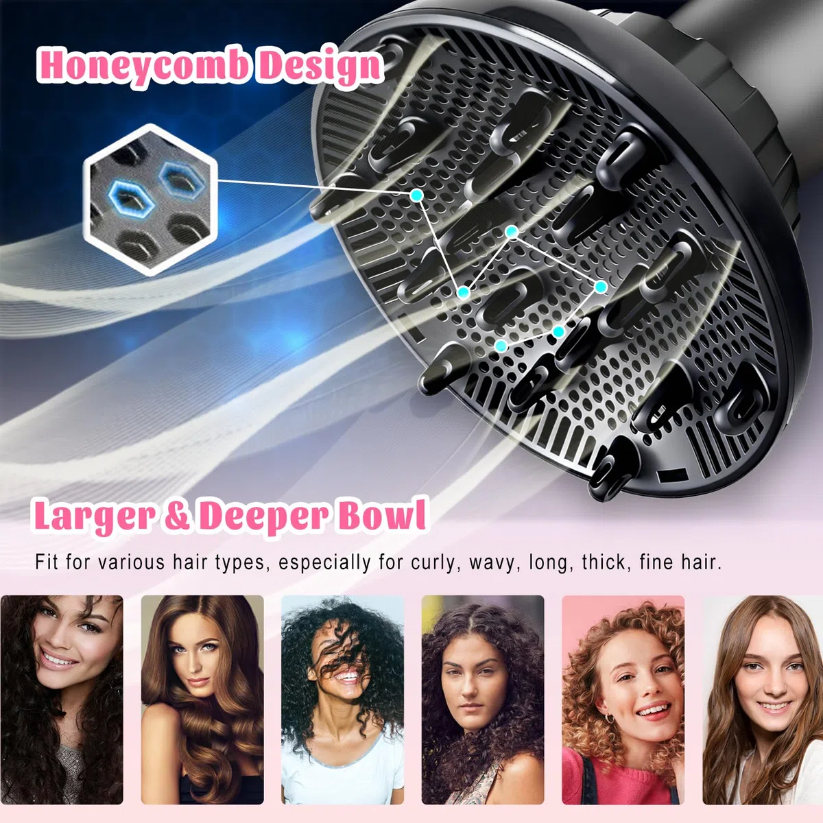 Difusor Universal para Secador de Pelo (3,5-8 cm) – Adaptador Profesional Apto para Método Curly – Definición de Rizos sin Frizz y Volumen Extra – Ajuste Seguro para Viaje y Hotel – Negro