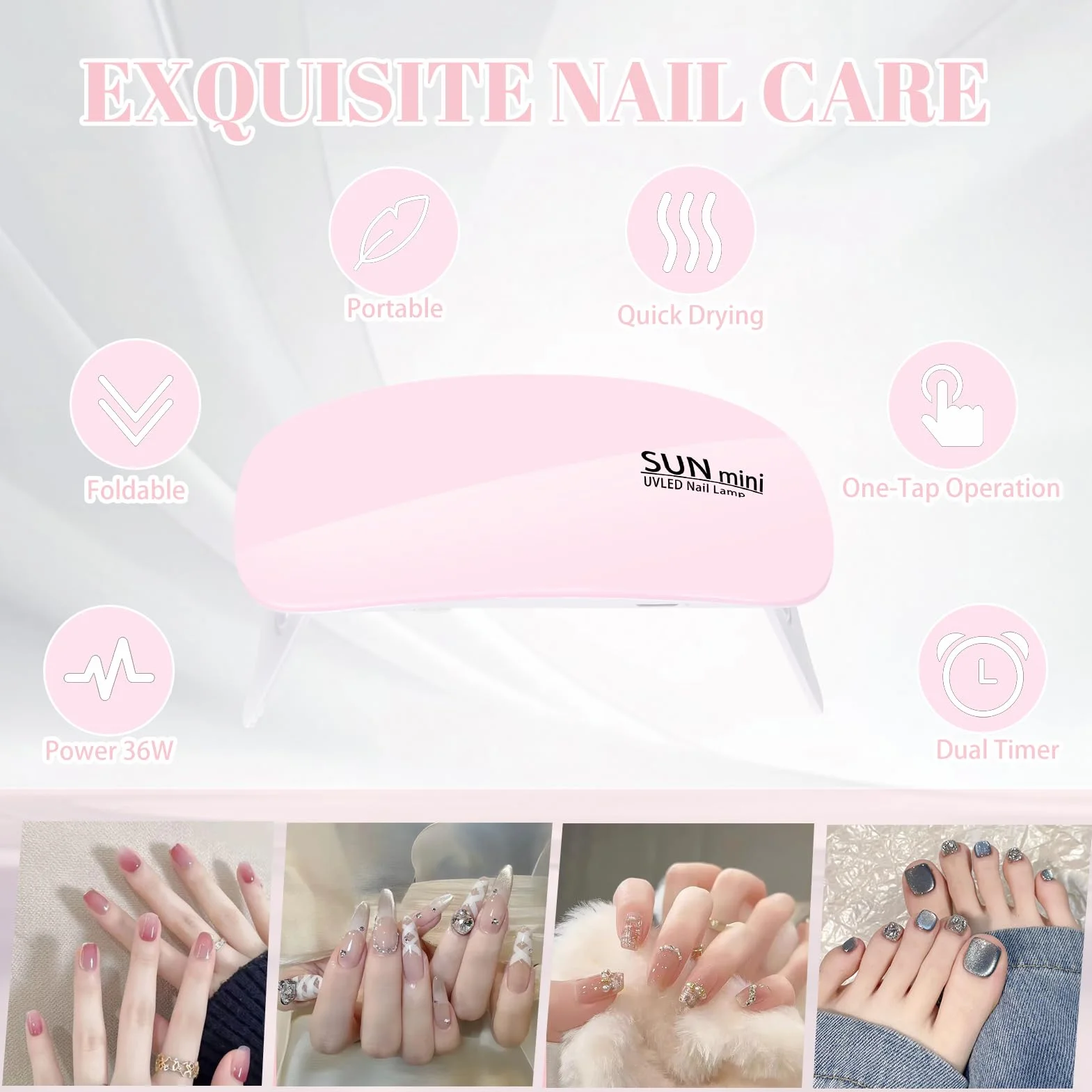 Pavlleen Mini Lampara UV Led Uñas, Secador de Uñas con Cable USB, Portable Plegable Lámpara Led Uñas de Gel con Temporizador 60s y 120s, para Salón de Uñas, Hogar, Viajar (Rosa)