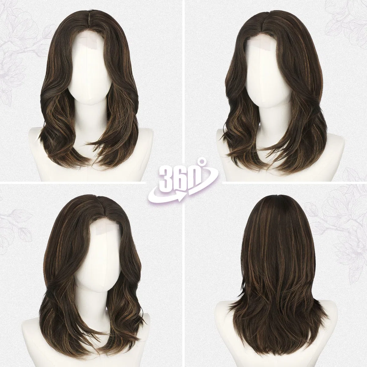 BARSDAR Negro Marrón Highlight Layered Peluca, Shoulder Longitud Liso Layered Pelucas para Mujeres Media Longitud Butterfly Face-Framing Curtain Bangs Peluca Sintética Aspecto Natural Pelucas de Pelo