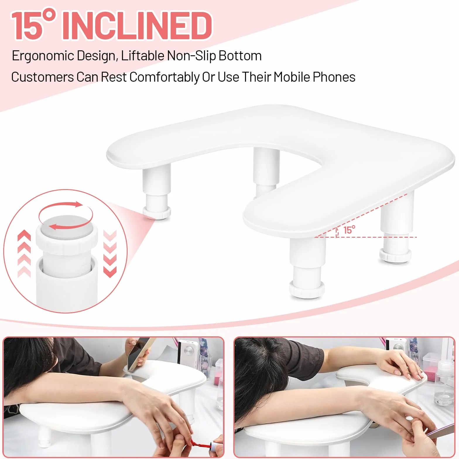 Reposabrazos para Uñas de U para manicura – Reposamanos para Uñas,Almohadilla para manos ajustable en altura de cuero PU antideslizante,cojín de apoyo para técnicas de uñas – Blanco