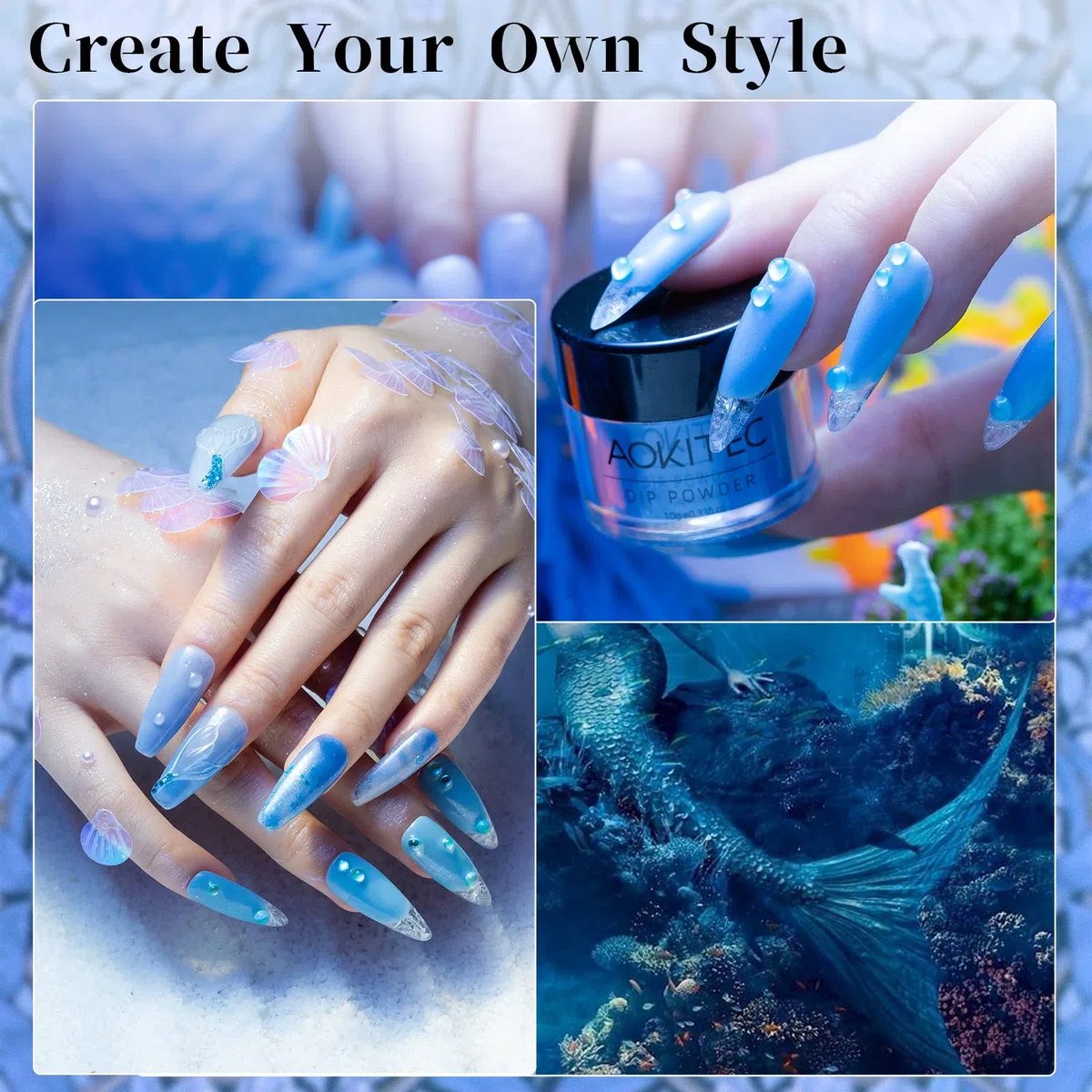 Aokitec 8 Colores Kit de Polvo de Inmersión de Uñas Arte de Uñas para Principiantes Bricolaje de Salón de Manicura en Casa sin Olor, sin Necesidad de Curado con Lámpara de Uñas