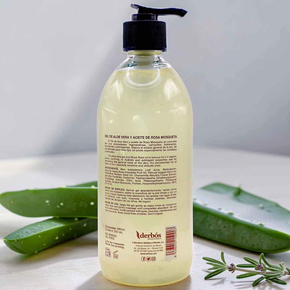 Derbós Gel Áloe Vera y Rosa Mosqueta 500 ml - Regenerador Celular Intensivo, Hidratante y Calmante - Ideal para Cicatrices, Estrías y Post-Depilación - Formato Ahorro