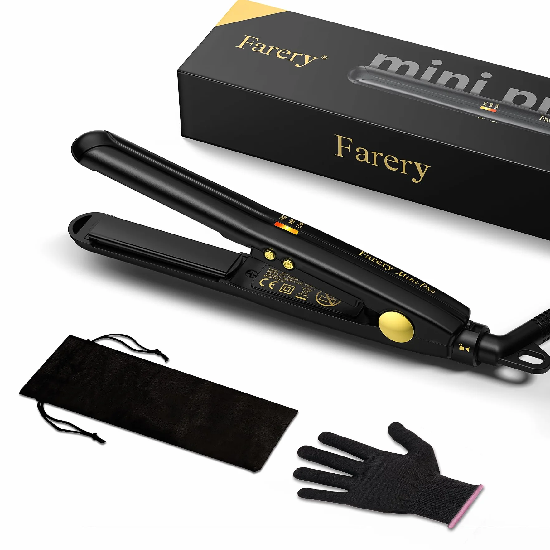 Plancha para Cabello Mini Farery, Ideal para Cabello Corto, con Ajustes de Calor Variables, de Cerámica Turmalina y Doble Voltaje. Plancha Mini con Bolsa, Apagado Automático, Negro.