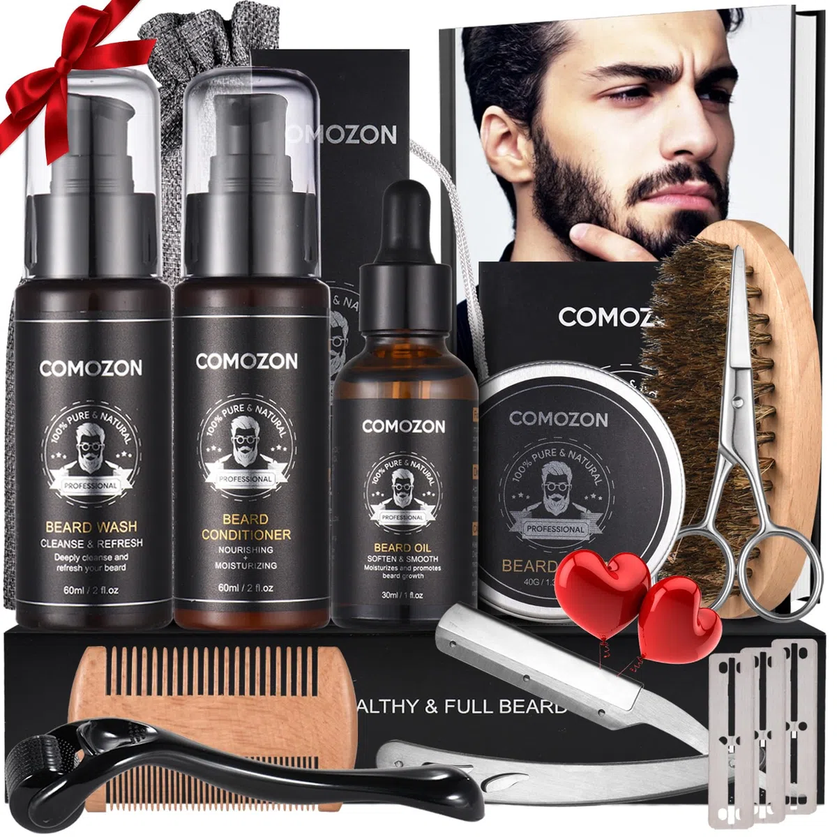 Kit Barba Hombre Cuidado 12 En 1 Con Maquina Afeitar Barba Aceite Barba Cepillo Barba Aceite Para Barba Hombre Champu Barba Peine Barba Balsamo Barba,100% Natural, Regalos Para Hombre