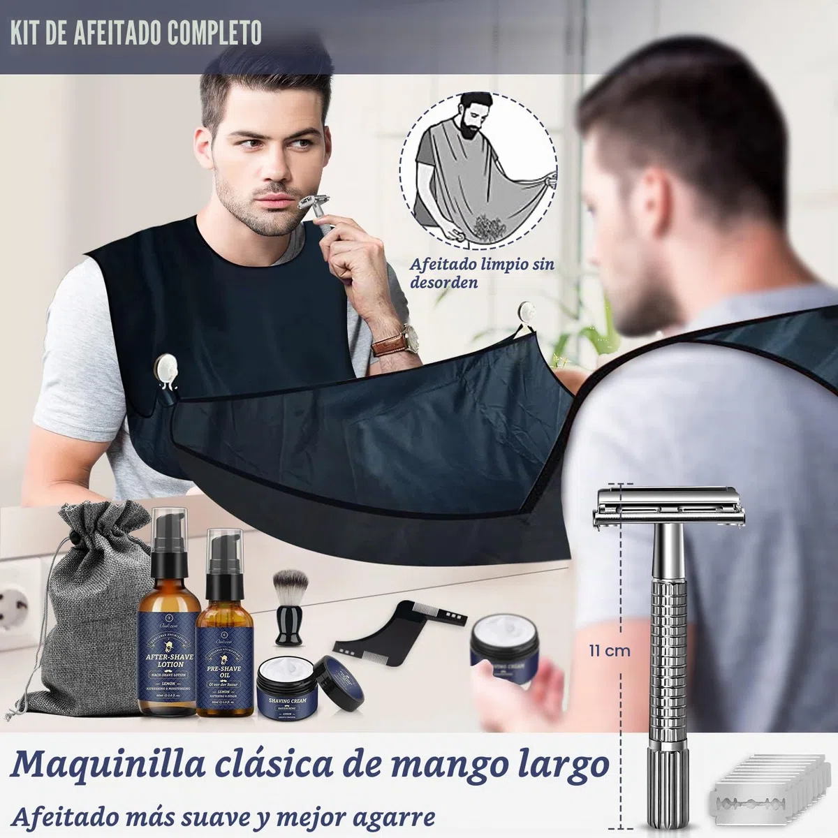 Kit Barba Cuidado Barba Hombre, Set Afeitado Hombre con Aceite Barba, Crema de Afeitar, Loción de Cuidado, Cepillo, Peine, Babero, Afeitadora Clásica y 10 Hojas, Mejor Regalos para Papa y Novio