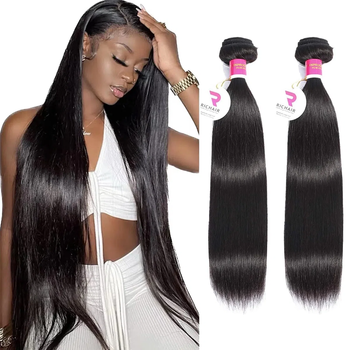 RICHAIR Paquetes de cabello humano liso, 2 paquetes, 16 pulgadas, 50g/paquete (100g en total), cabello humano brasileño 100% cabello virgen sin procesar Paquetes de tejido recto Cabello humano