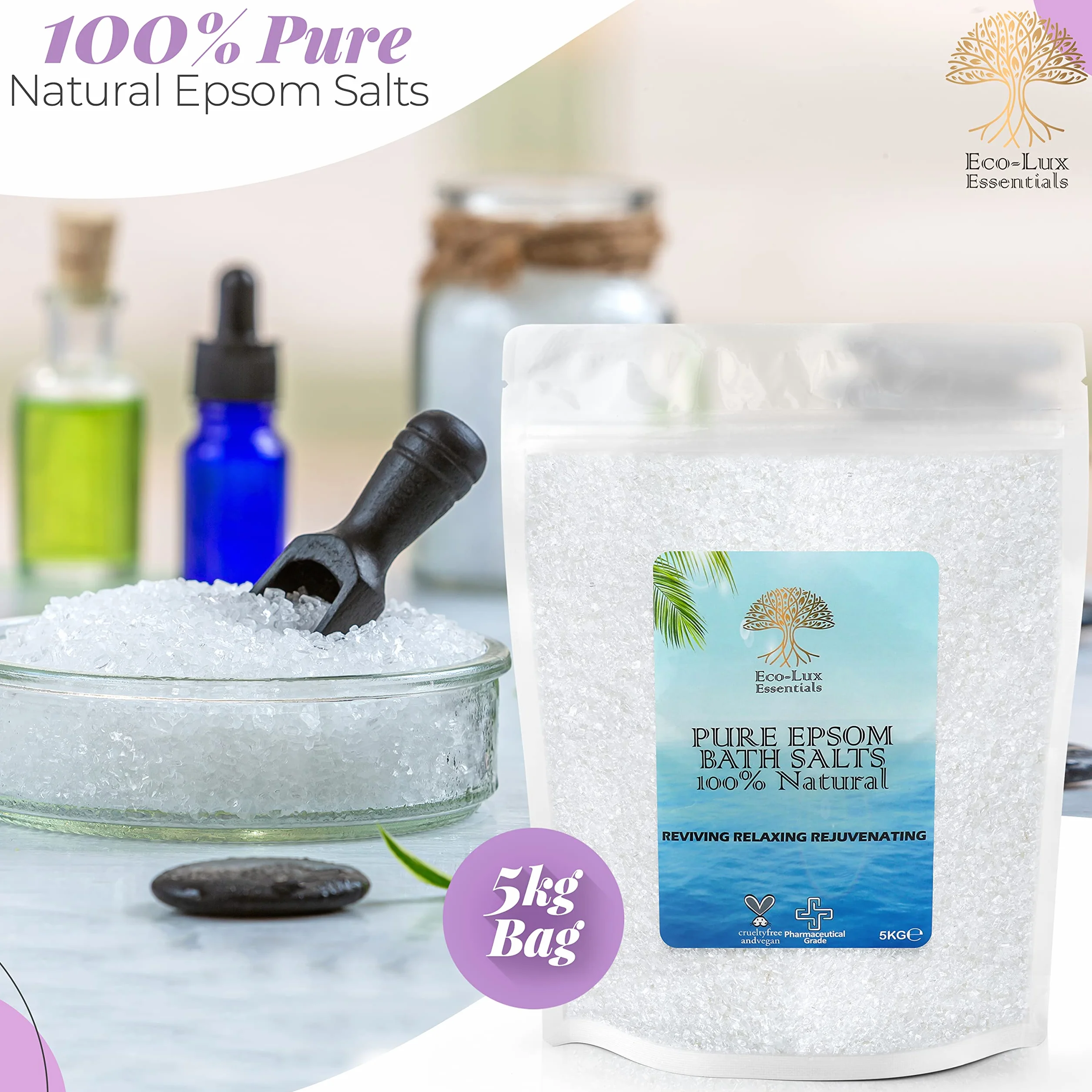 Eco Lux UK - 5 kg de sales de Epsom Premium puras naturales (grado alimenticio) para aliviar músculos doloridos, rejuvenecedor y relajante, apoya el sueño