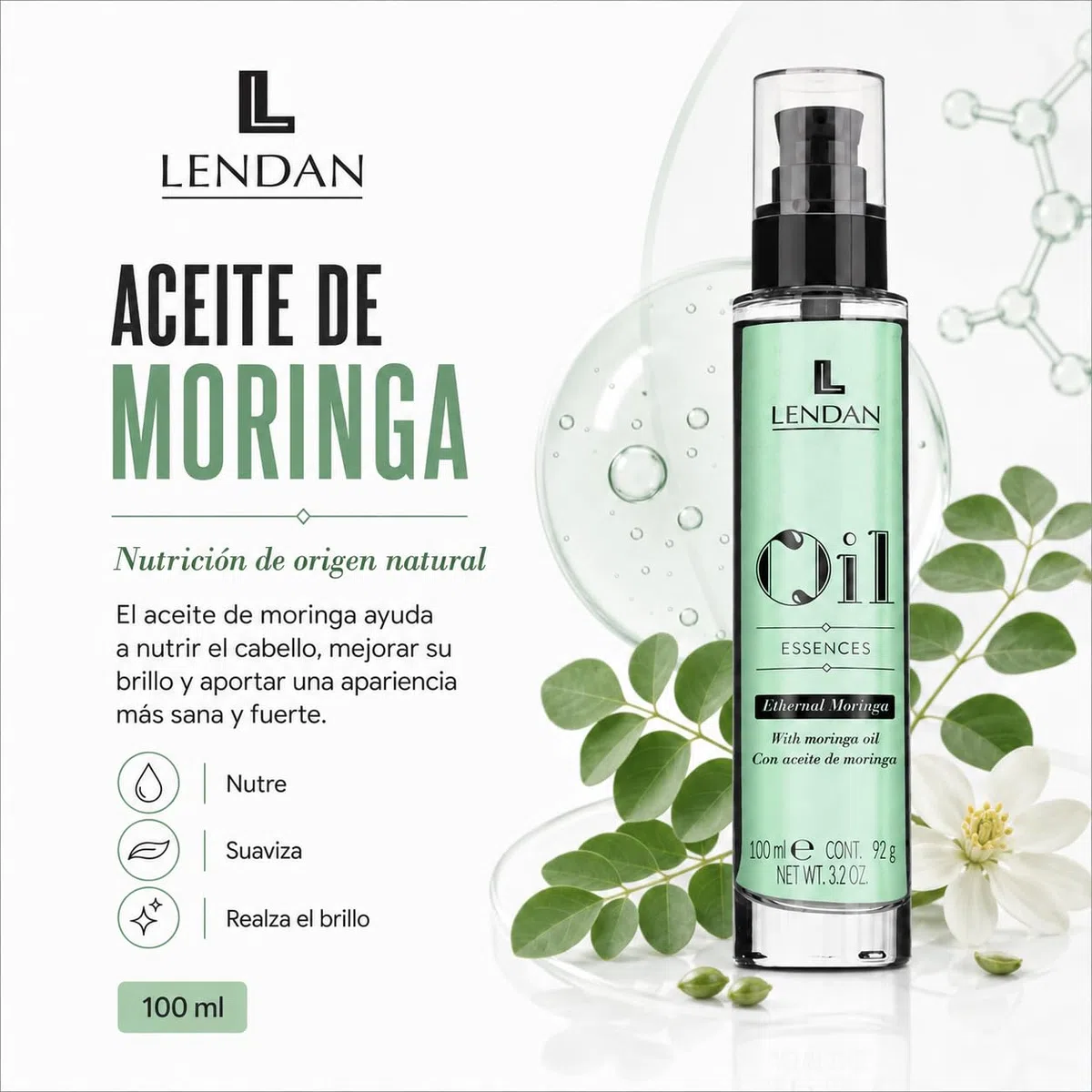 Aceite Capilar con Aceite de Moringa - 100 ml - Sérum para el Cabello - Rejuvenecedor Capilar - Hidrata, Nutre y Aporta Fuerza al Cabello