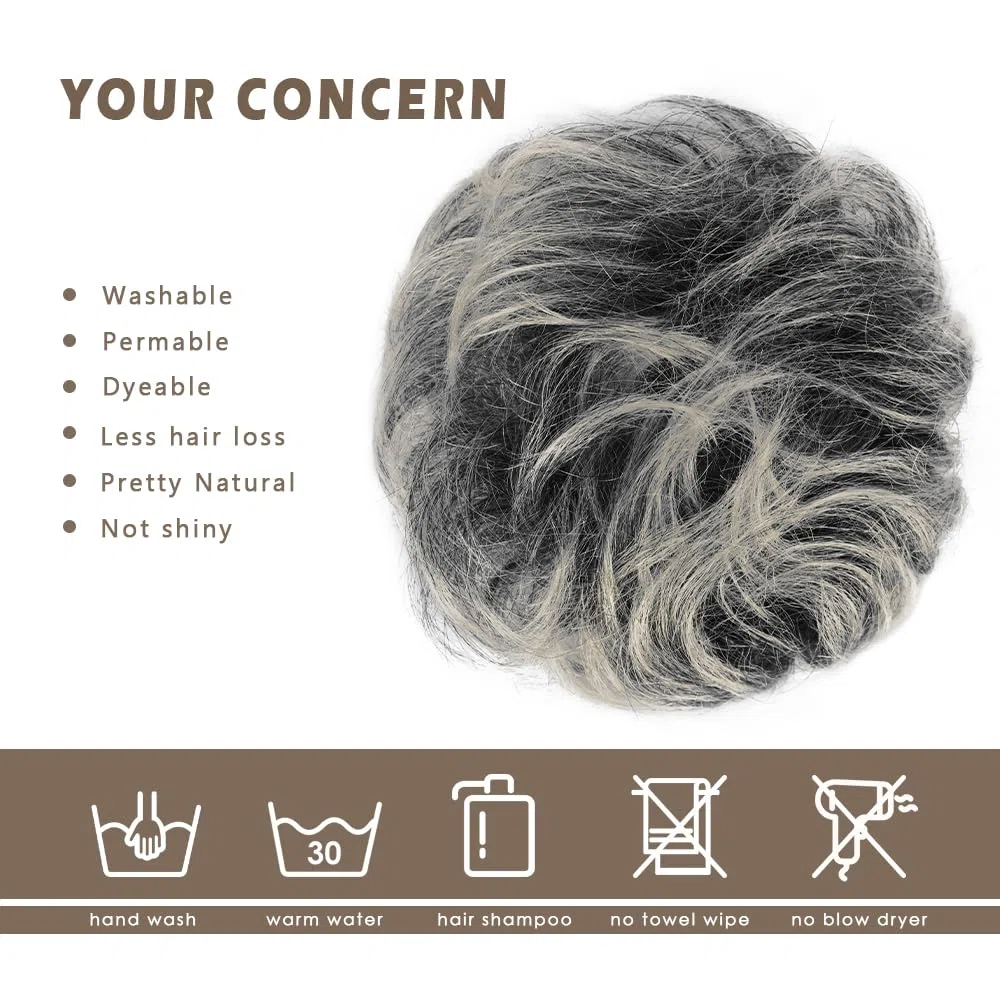 BARSDAR Humanos Moños Postizos, Natural Humano Moño Postizo de Pelo Extensiones para Mujer Gris Postizos Pelo Bun Extensiones de Cabello Desordenado Updo Postiza - Gris Mixto