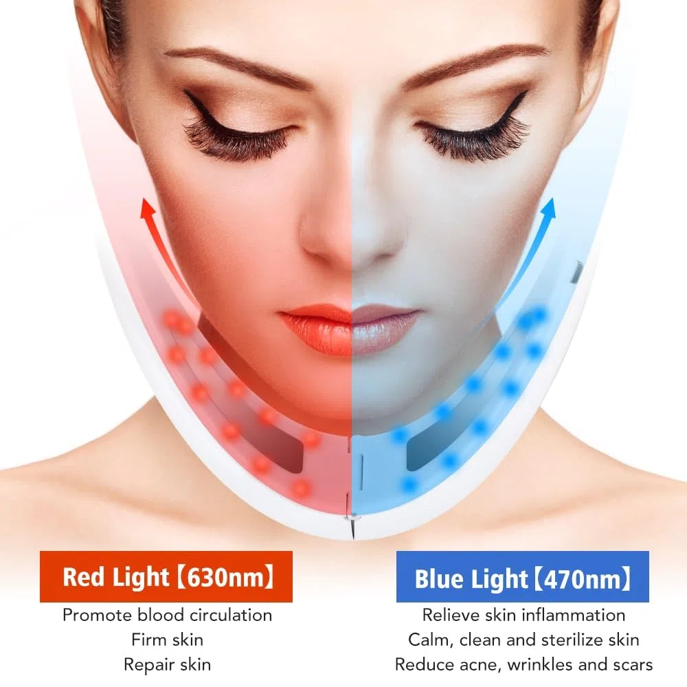 Reductor de Papada Masajeador Facial Electrico,Fototerapia Roja y Azul EMS Masajeador Facial Compresas calientes,45℃ Antiarrugas Belleza Dispositivo Reductor De Papada Lifting para Líneas del Cuello
