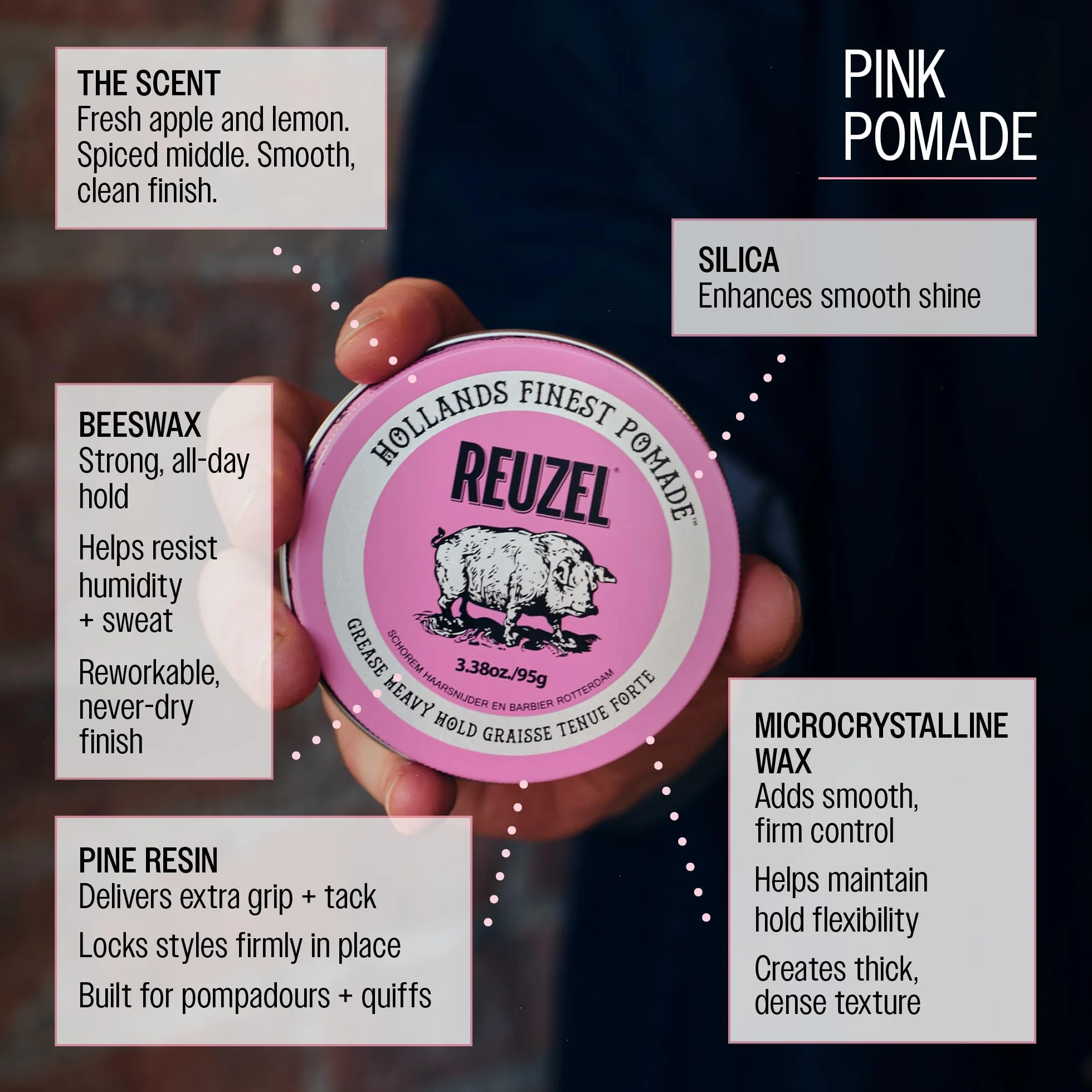 Reuzel Pomada Pink Grease de fijación fuerte, fijación fuerte, brillo medio, a base de aceite, fijación durante todo el día, 3,38 oz/95g