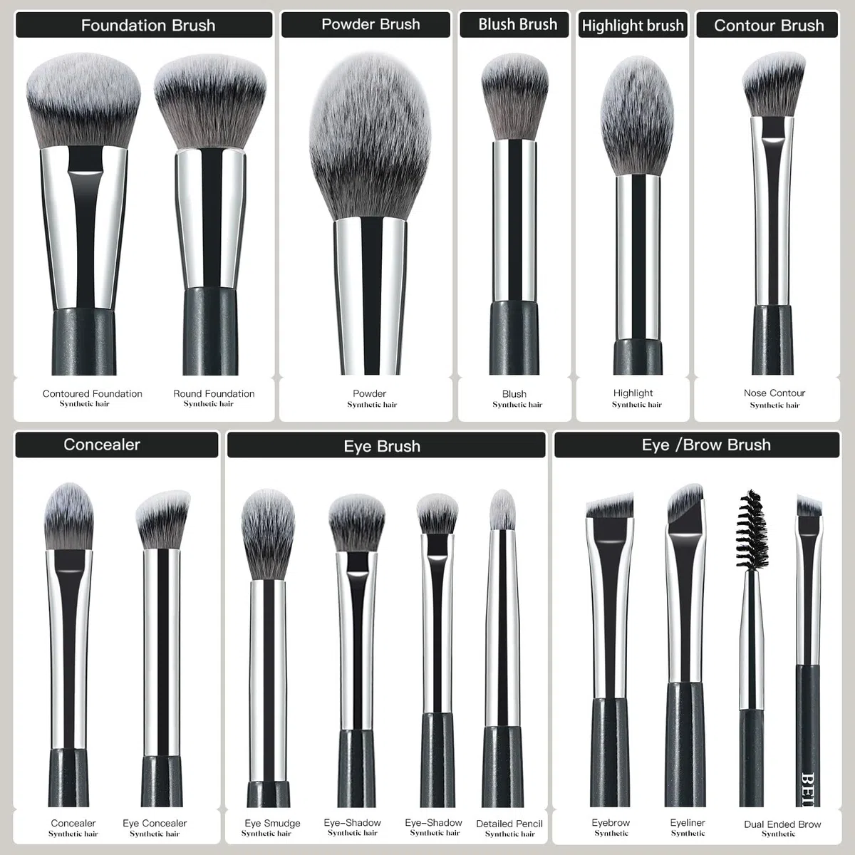 BEILI Brochas de Maquillaje,15 PCS Set de Brochas de Maquillaje Veganas,Base en Polvo Sombra de Ojos Mezcla Corrector Juego de Brochas para Pliegues Pinceles para Delineador de Cejas