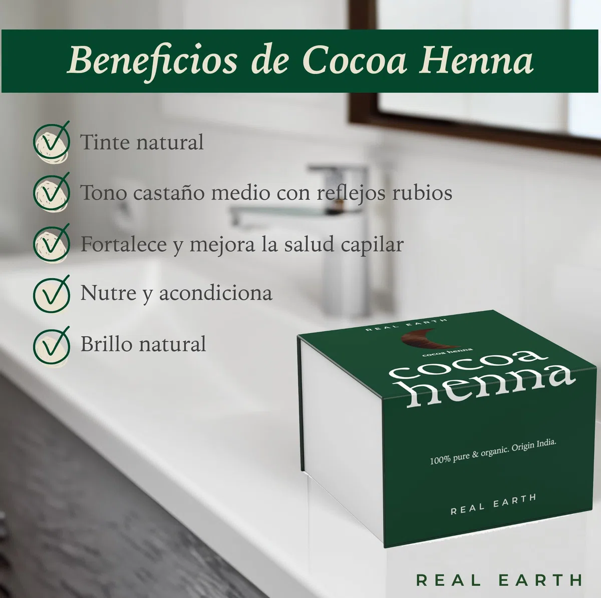 Real Earth - Cocoa Henna - Tinte de Henna - 100% orgánica y natural - Barros para teñir el pelo - Cabellos castaño medio - Coloración Natural - Cosmética ayurvédica - Vegana - Sin amoniacos - 250gr