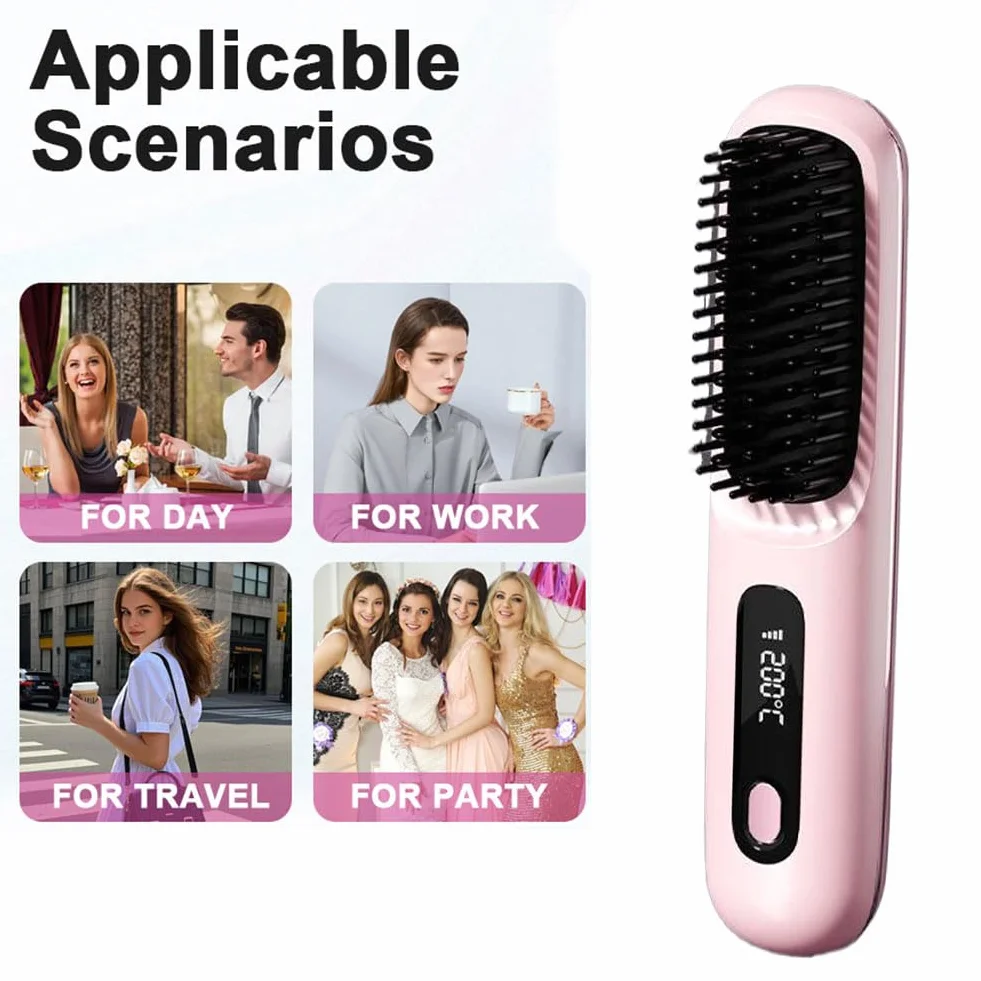 Cepillo eléctrico para el cabello, cepillo alisador inalámbrico, recargable, cepillo calefactor inalámbrico para mujeres y hombres, con pantalla LED, 3 niveles de temperatura, para alisar y rizar