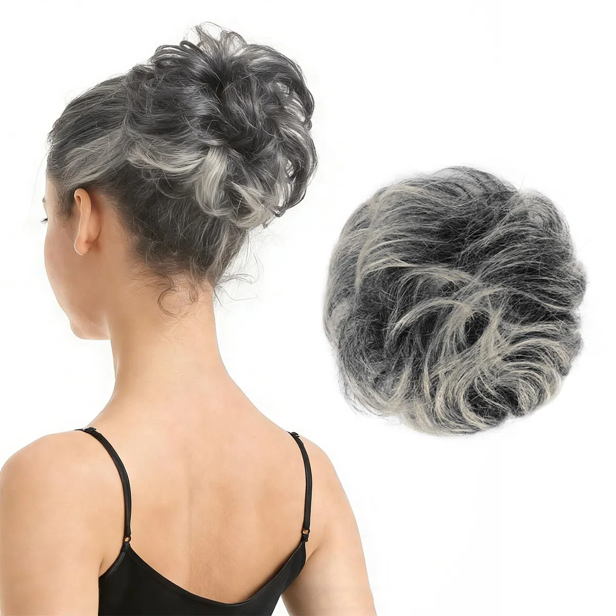 BARSDAR Humanos Moños Postizos, Natural Humano Moño Postizo de Pelo Extensiones para Mujer Gris Postizos Pelo Bun Extensiones de Cabello Desordenado Updo Postiza - Gris Mixto
