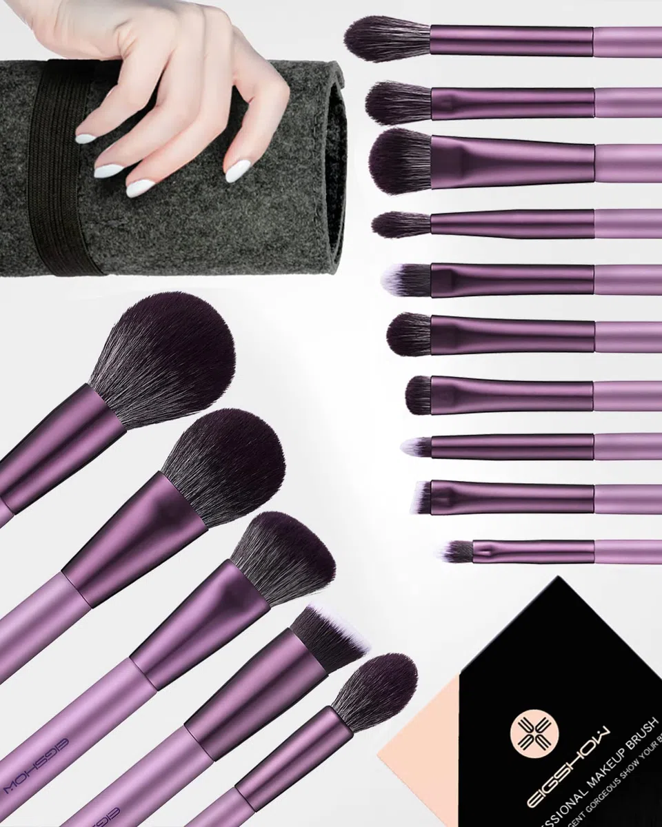 EIGSHOW Juegos de brochas de maquillaje, 15 brochas de maquillaje veganas esenciales, juego de brochas de maquillaje de calidad artesanal incluye 7 juegos de brochas de sombra de ojos Vital