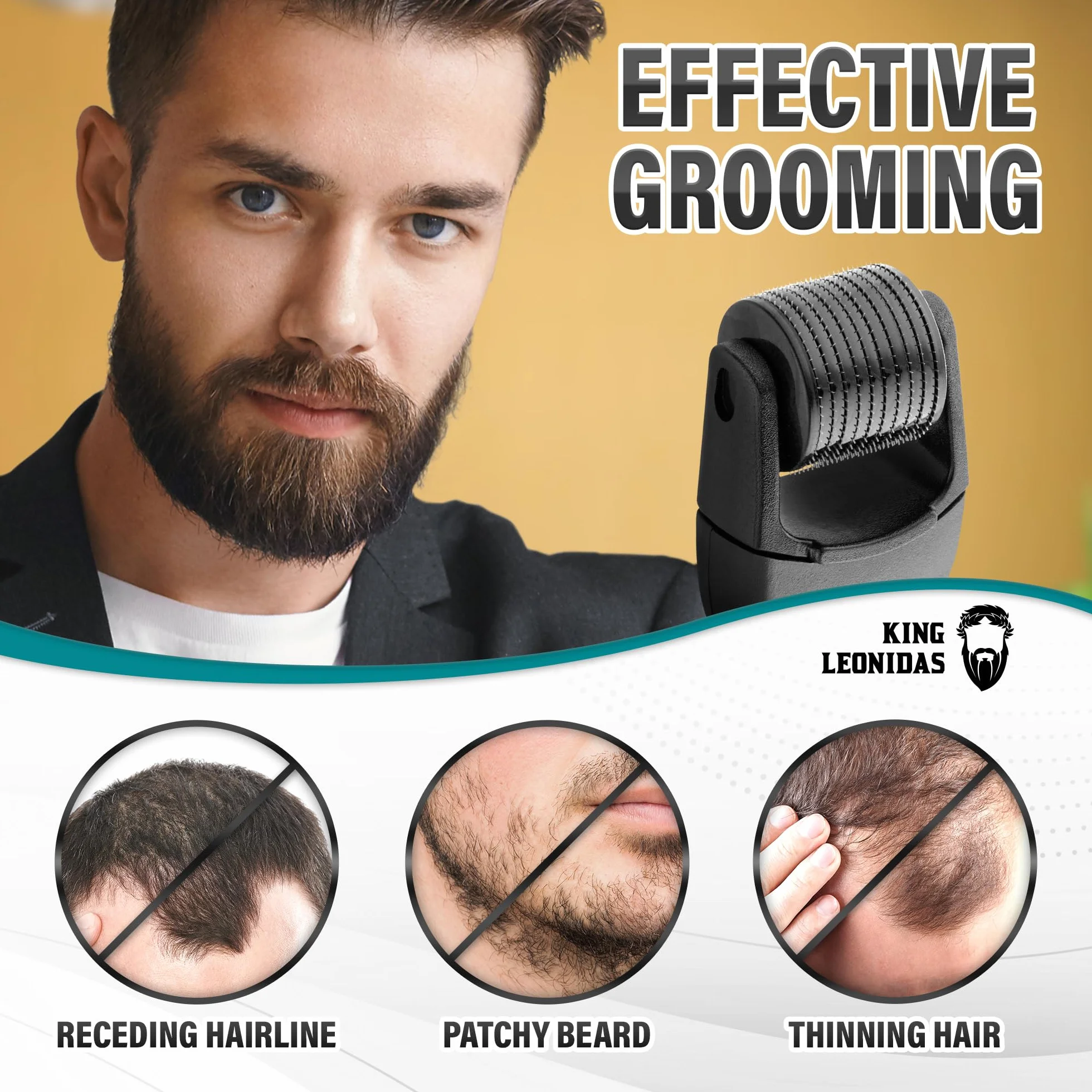 Kit de crecimiento de barba King Leonidas con rodillo Derma de 0,25 mm, herramienta de microagujas para hombres, cuidado profesional del vello facial con bálsamo para barba y aceite para barba