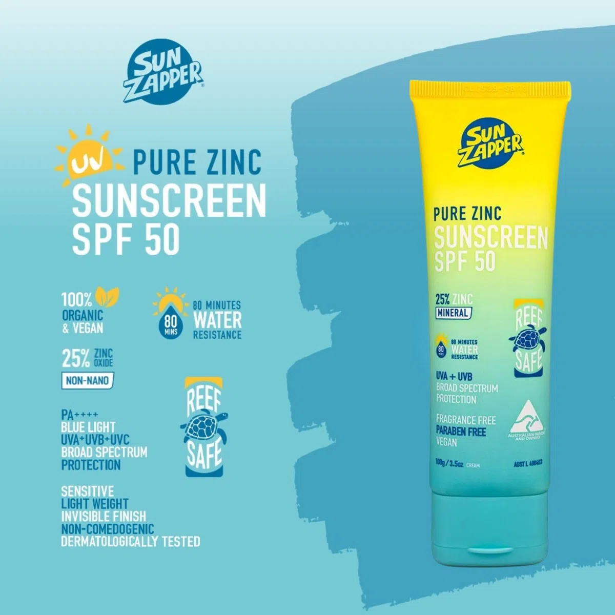 Sun Zapper Crema solar de zinc puro SPF 50 Protector solar de zinc mineral seguro para arrecifes