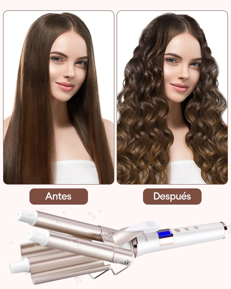 CkeyiN Rizador de Pelo 3 Barriles de 22 mm, Profesional Con Placas de Cerámica de Turmalina, Eléctrico Con Pantalla LCD, Temperatura Ajustable 80℃-230℃, Rosa
