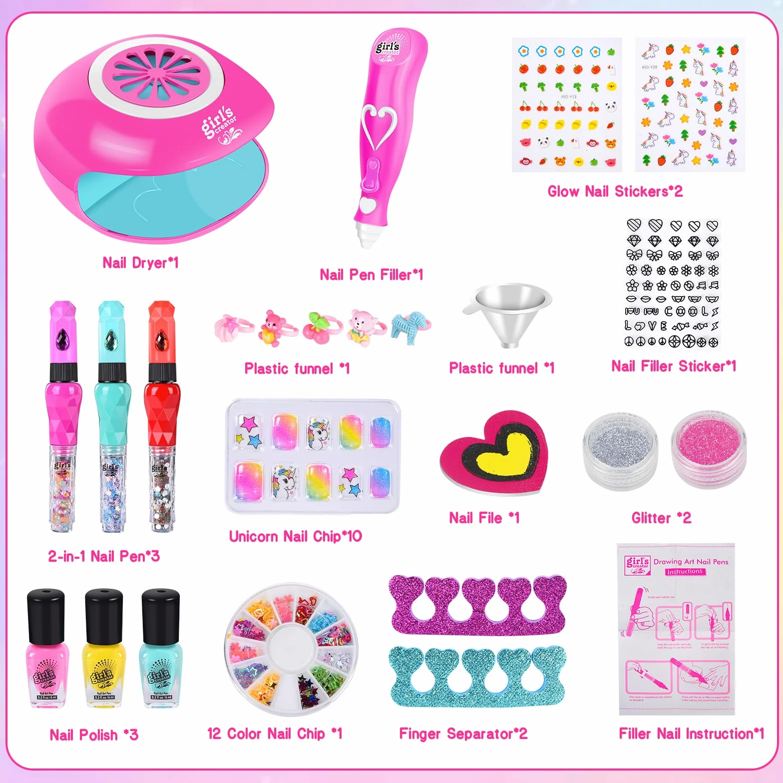 Herenear Set Manicura Niñas, Esmalte de Uñas Secador de Uñas, Juguetes Kit Uñas Niñas, Pegatinas de Uñas Juego Cumpleaños Regalo para Niños Niñas 5 6 7 8 9 10 11 12 Años